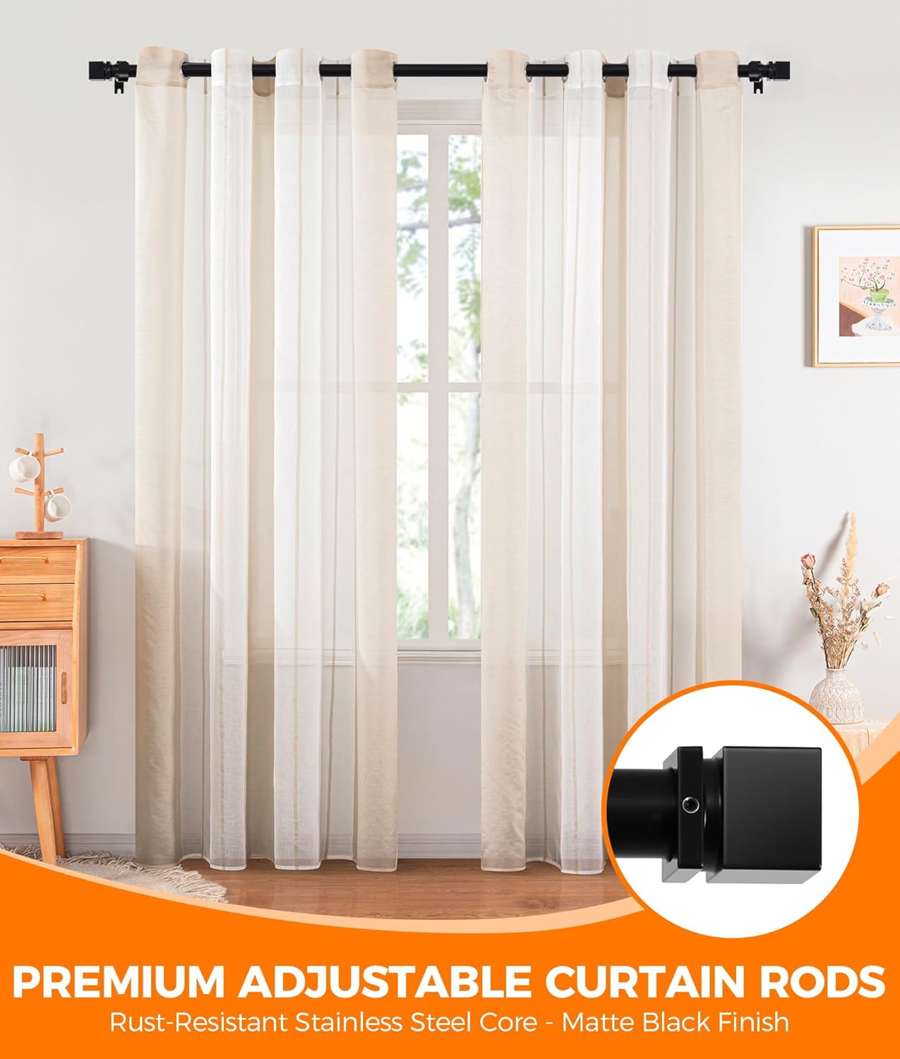 Curtain Rods for Windows Heavy Duty, Adjustable Curtain Rod 32 to 120 Inches, Metal Black Curtain Rod with Square Ends, Easy Install for Living Room Bedroom Kitchen