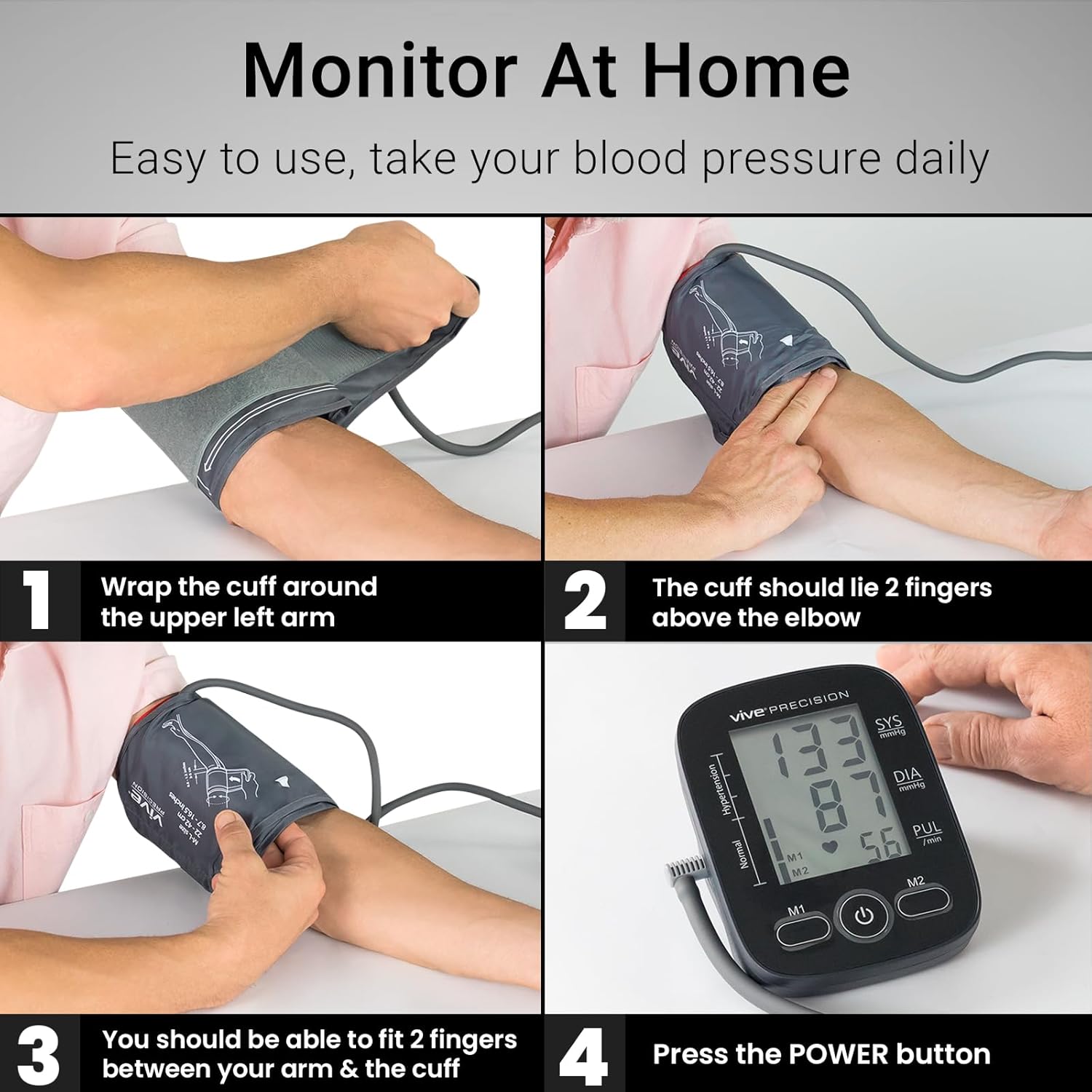 Vive Precision Automatic Blood Pressure Machine - Upper Arm Digital Pulse BP Monitor- Accurate Heart Rate Sensor for Home Use - Portable BPM with Large LCD Display - Heartbeat Monitoring System Kit