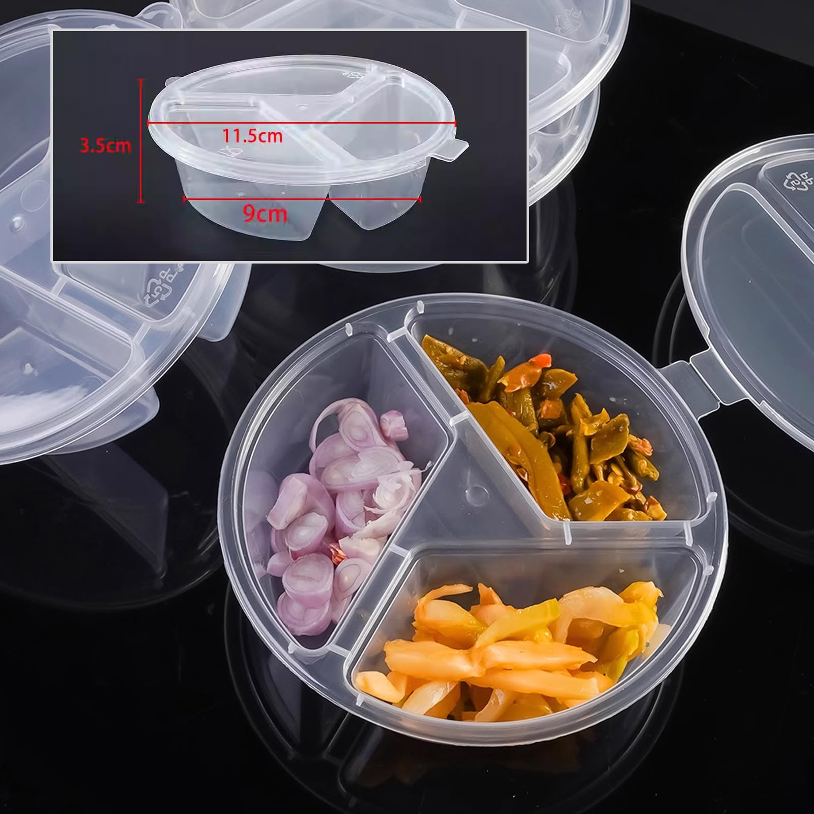 VirgoCCY 50 Pack 3 Compartment Condiment Lids, 5 oz Reusable and Disposable Snack Containers for Sauce, Dips, Crafts, Takeout, Microwavable, Leak-Proof.