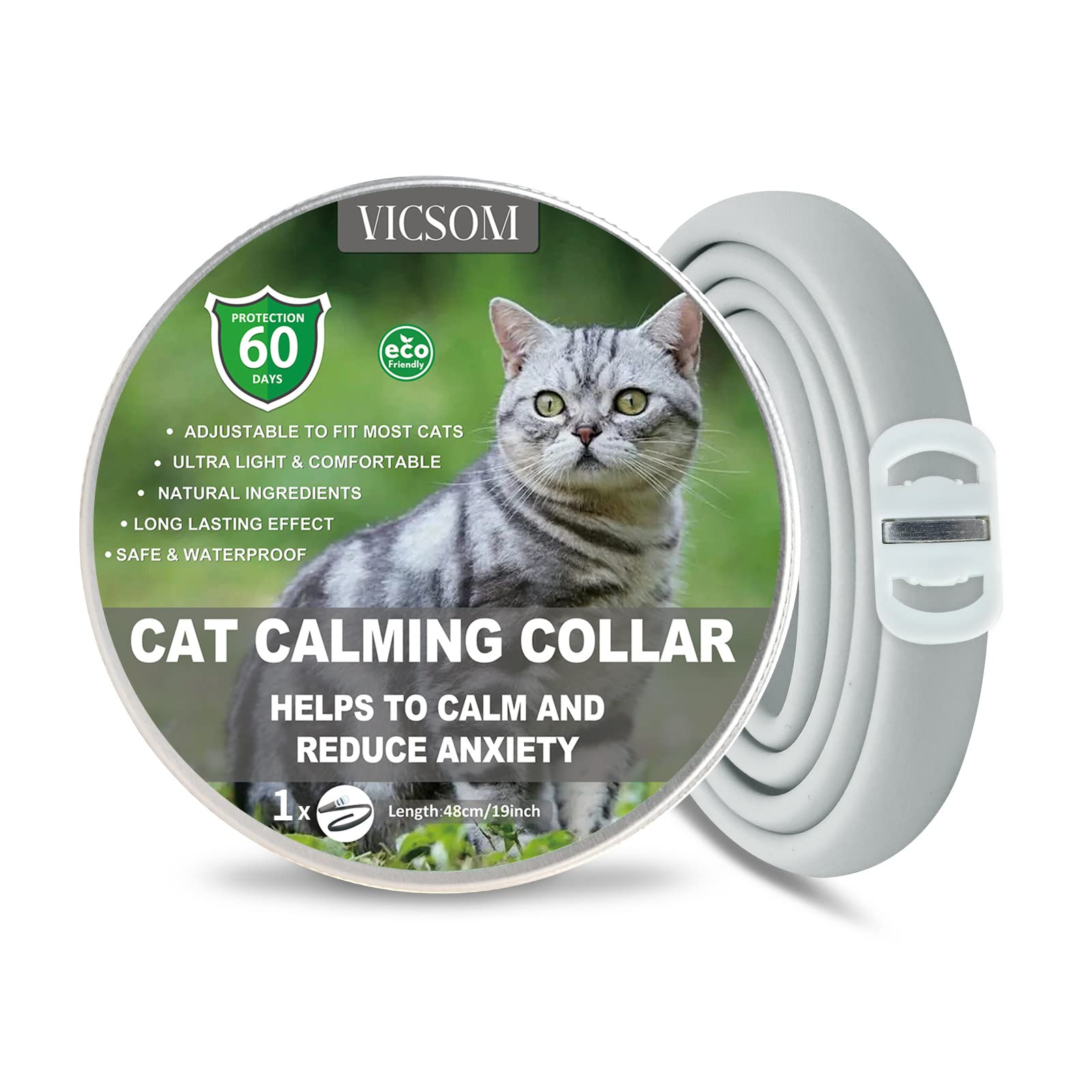 VICSOM Collares Calmantes para Gatos, Collar Calmante para Gatos, Feromonas para Gatos Seguro Natural, Regulable Impermeable Feromona Calmante para Gatos Pequeños, Medianos y Grandes 18.8In Gris