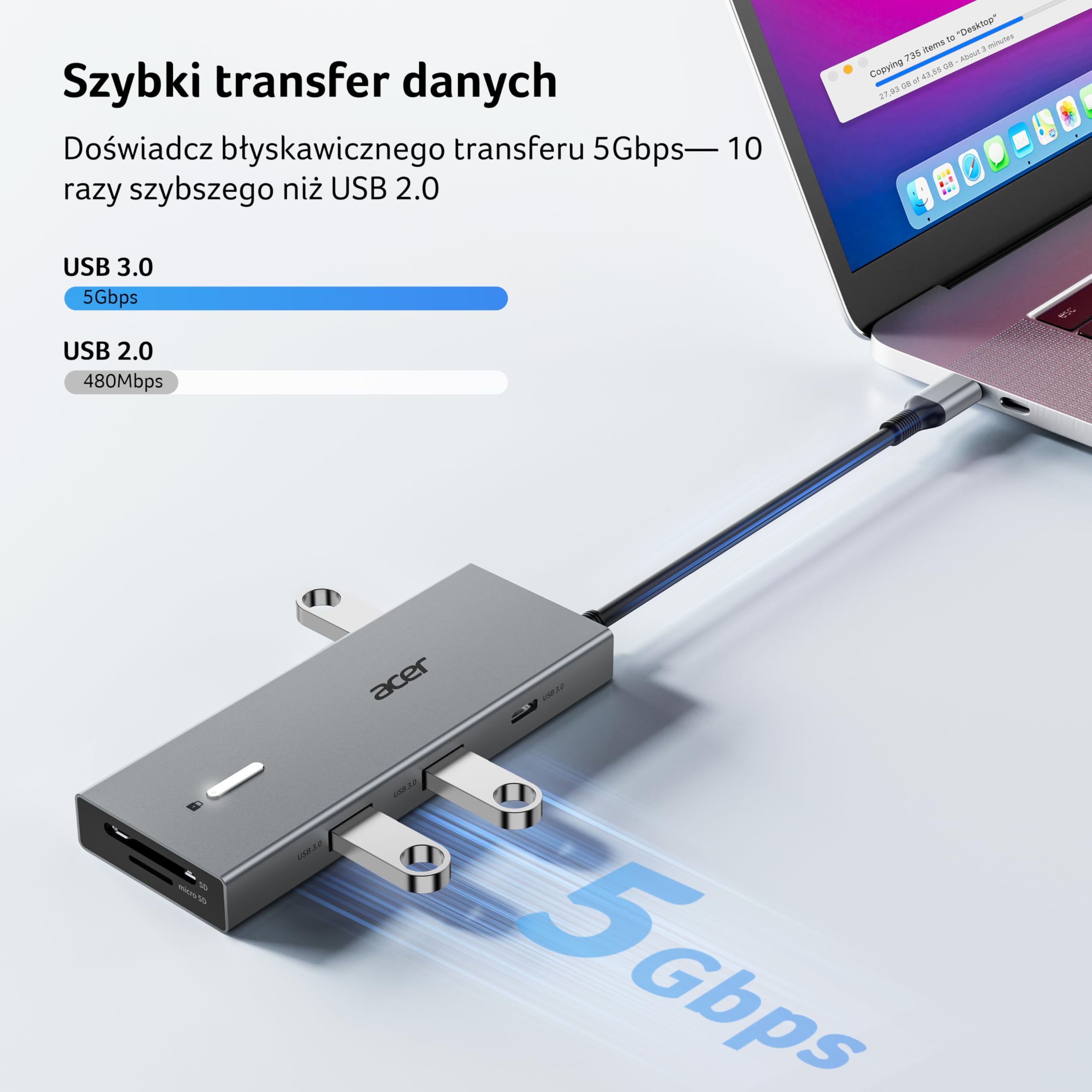 acer USB-C Hub 9w1, Stacja dokująca do laptopa z 4K@60Hz Dual HDMI, 3 USB-A 3.0 (5Gbps), port danych typu C, 100W PD, gniazdo na kartę SD/TF, do Acer, laptopów, MacBooka, iPada, Surface, XPS itp.