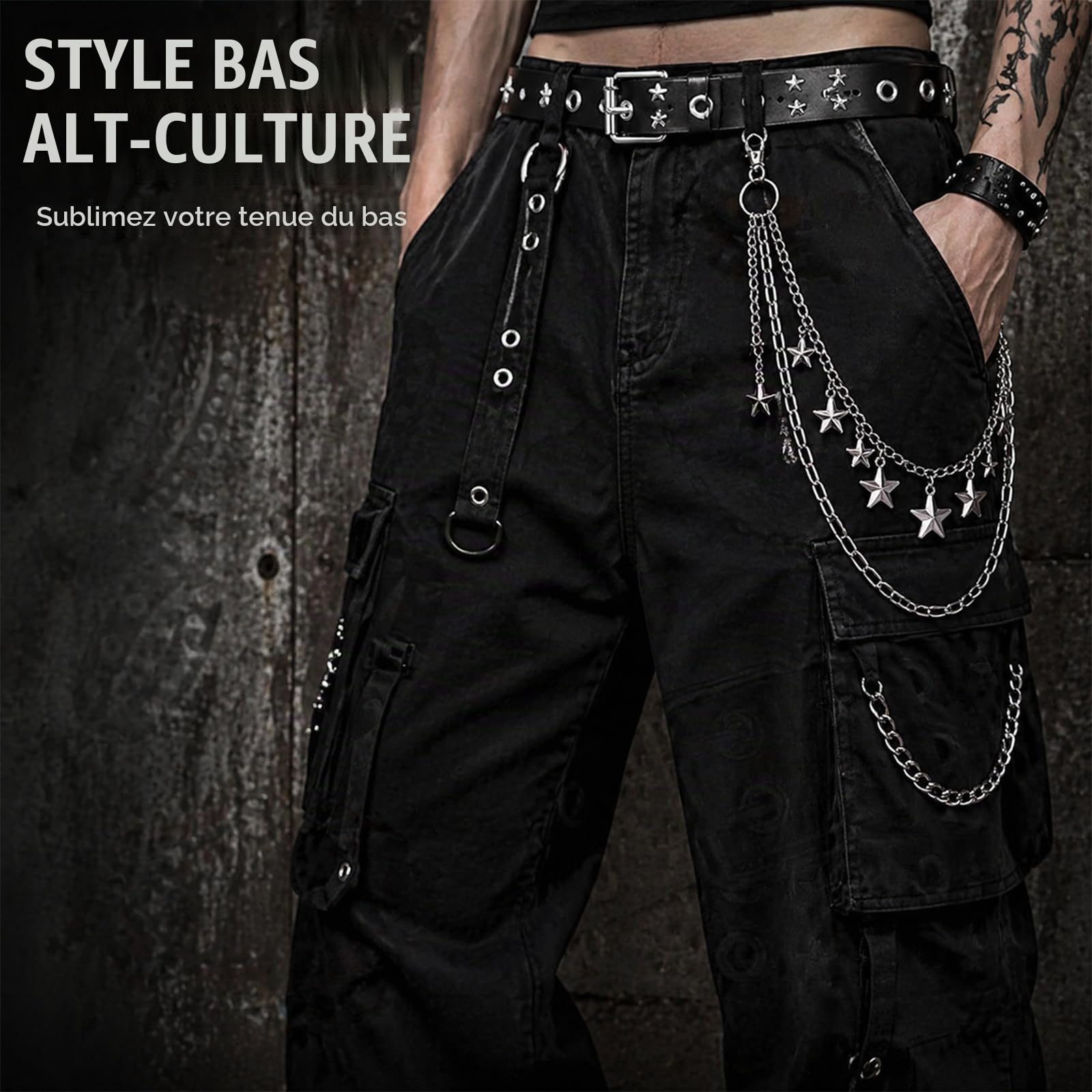 Ensemble de 10 accessoires unisexes Y2K comprenant une ceinture à imprimé étoile, un ensemble de 7 bracelets, un ras-de-cou gothique noir et une chaîne de taille en métal - Cuir noir