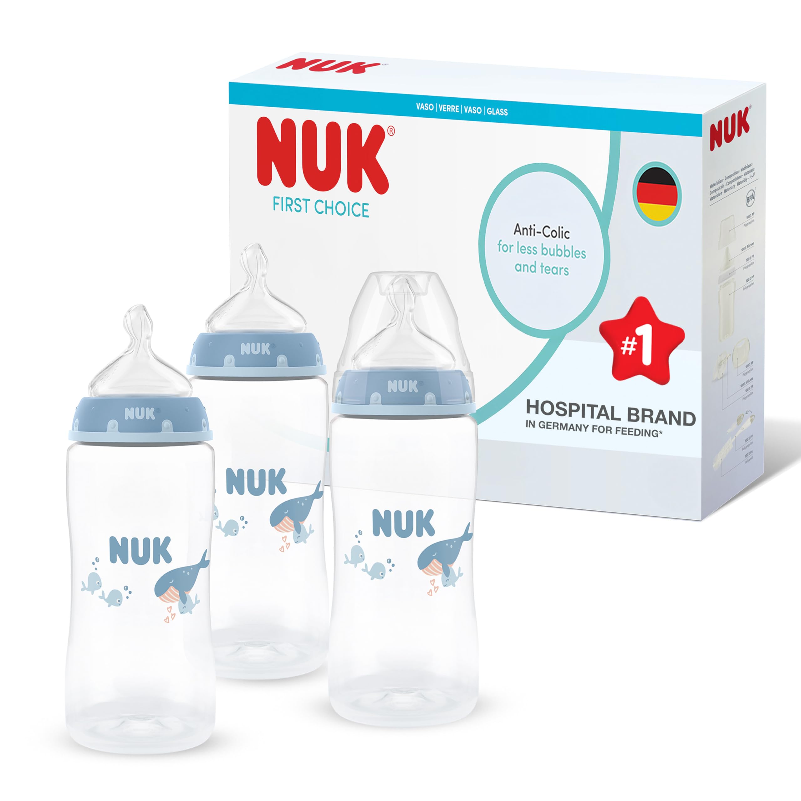 NUK First Choice Baby Bottles, Whale, 3 x 300ml