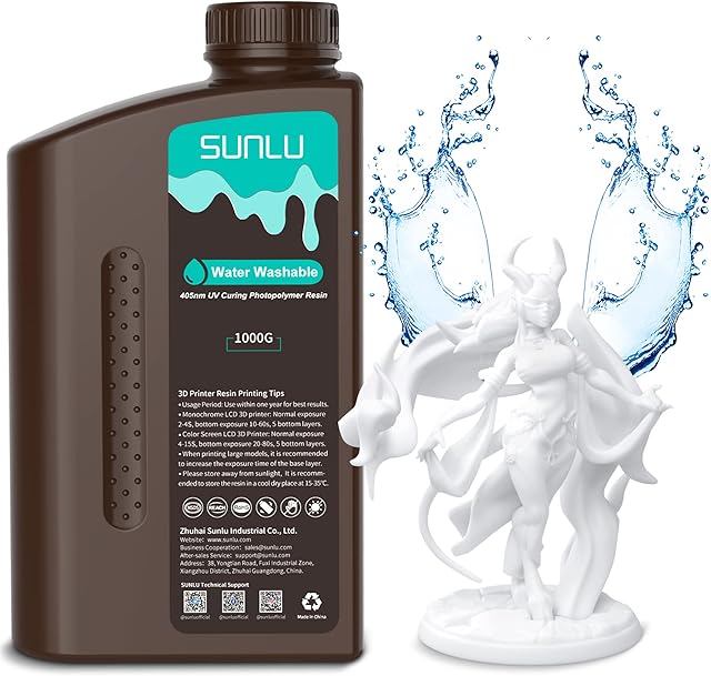 SUNLU Water Washable 3D Printer Resin, 1kg 405nm UV Fast Curing 3D Resin for 2K 4K 8K LCD DLP SLA Resin 3D Printers, No Alcohol Required, Easy to Clean, High Precision 3D Resin 1000g, White