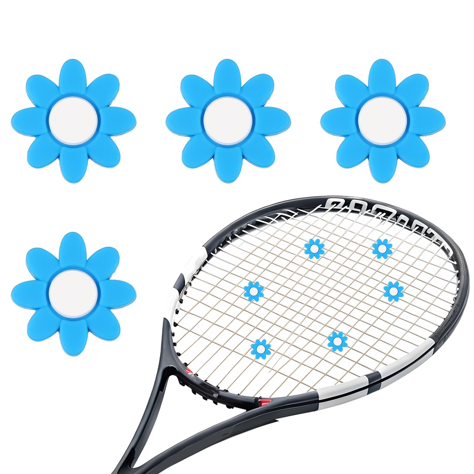 YELARXI Tennis Dampener, Flower Silicone Tennis Racket Dampeners Racket Shock Absorber to Reduce Vibration Soft Cute Fitting for (Players/Universal Fit for All Racquets) 4Pcs & Sky Blue