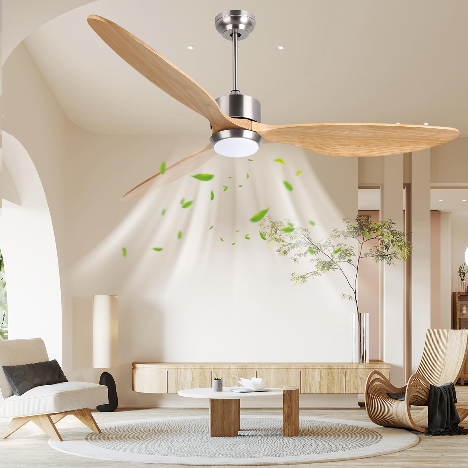 Ovlaim 165 CM di legno solido 3 elica a pale con ventilatore intelligente per soffitti leggero e remoto, 6 motore a corrente continua silenziosa velocità per salotto, camera da letto