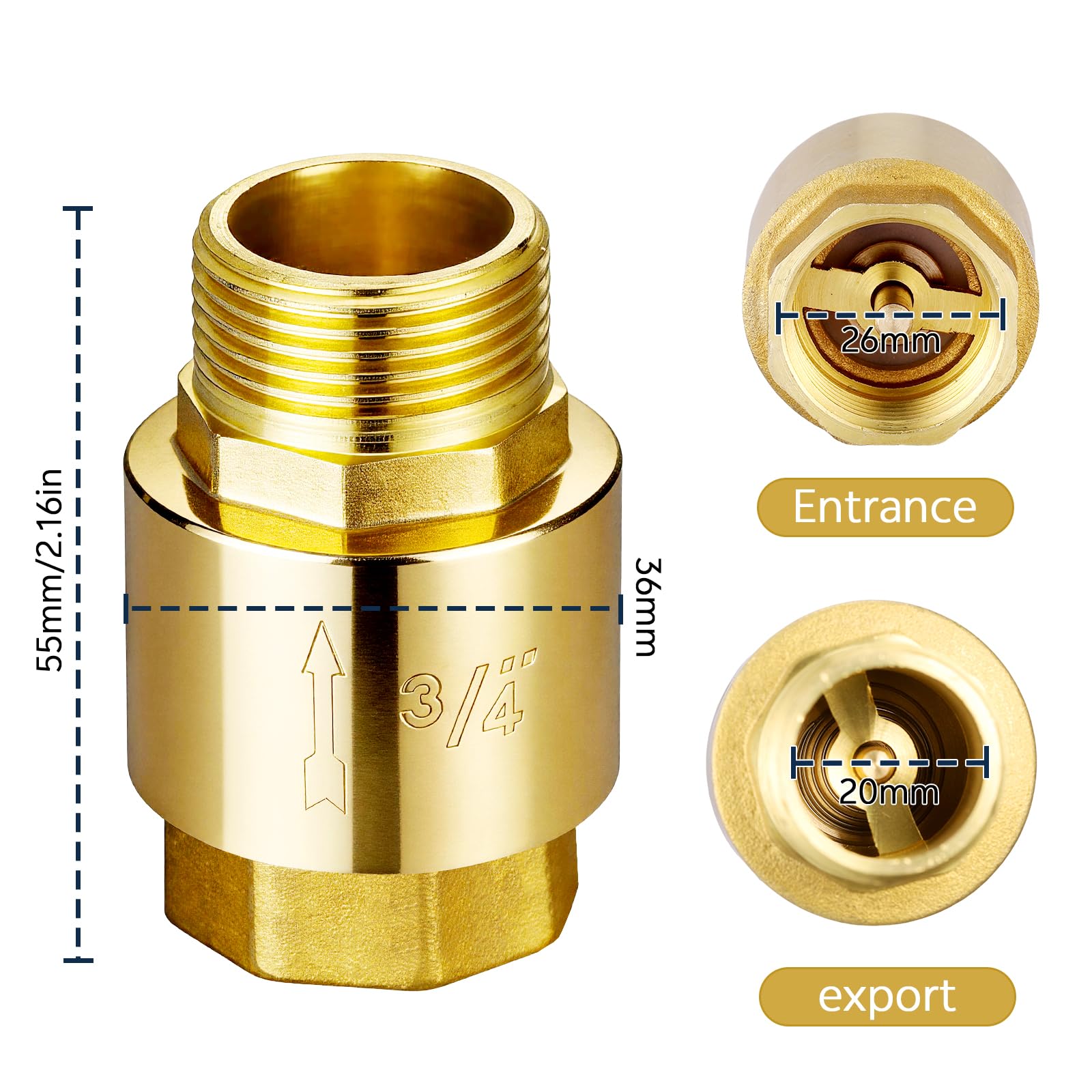 Zocipro Valvola Di Non Ritorno 3/4 Pollice In Ottone, Femmina A Maschio, Valvola Di Ritegno Impermeabile Da 3/4'' Per Pompa, Giardino, Lavatrice, Botte, Tubazione Dell’Acqua, Scaldabagno