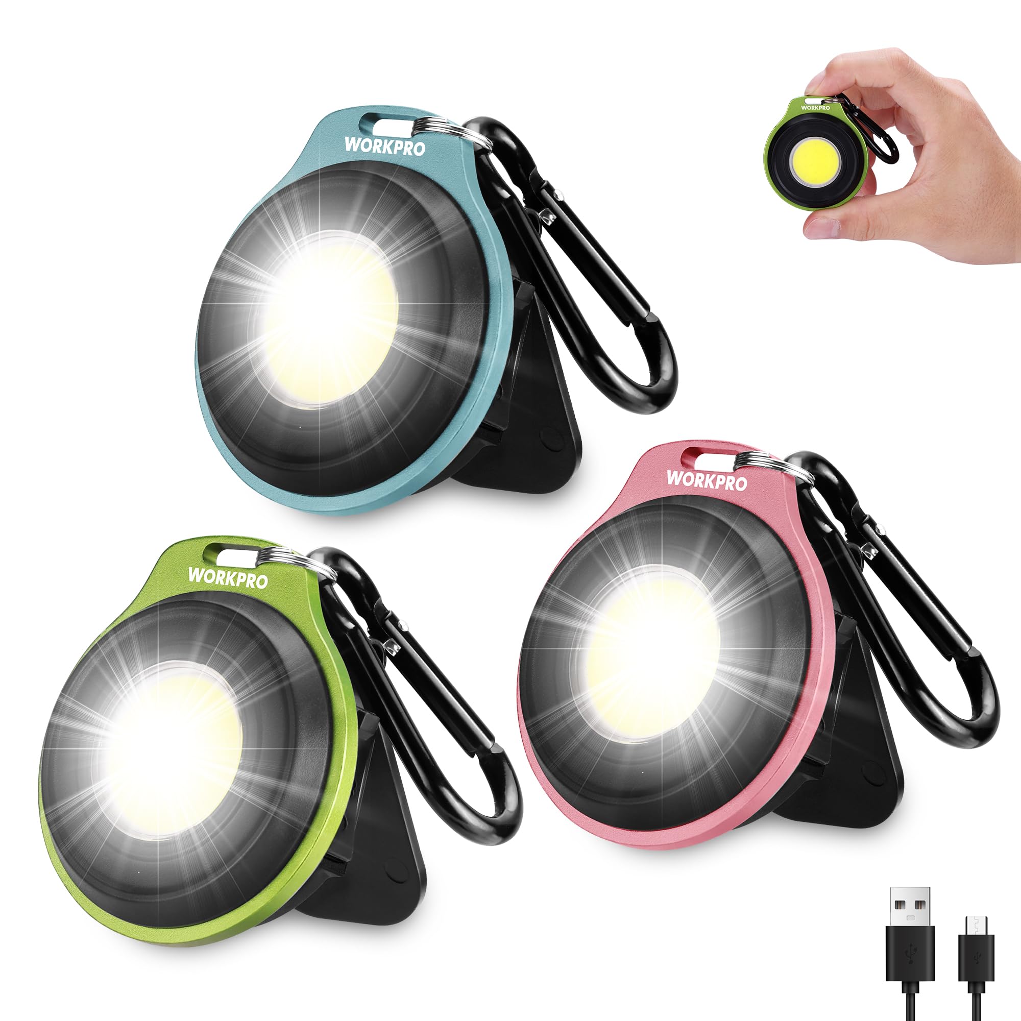 WORKPRO COB Keychain Work Light, 3Pcs EDC Rechargeable Mini Keychain Flashlight, Magnetic Carabiner Flashlight with Hat Clip, 3 Light Modes Emergency