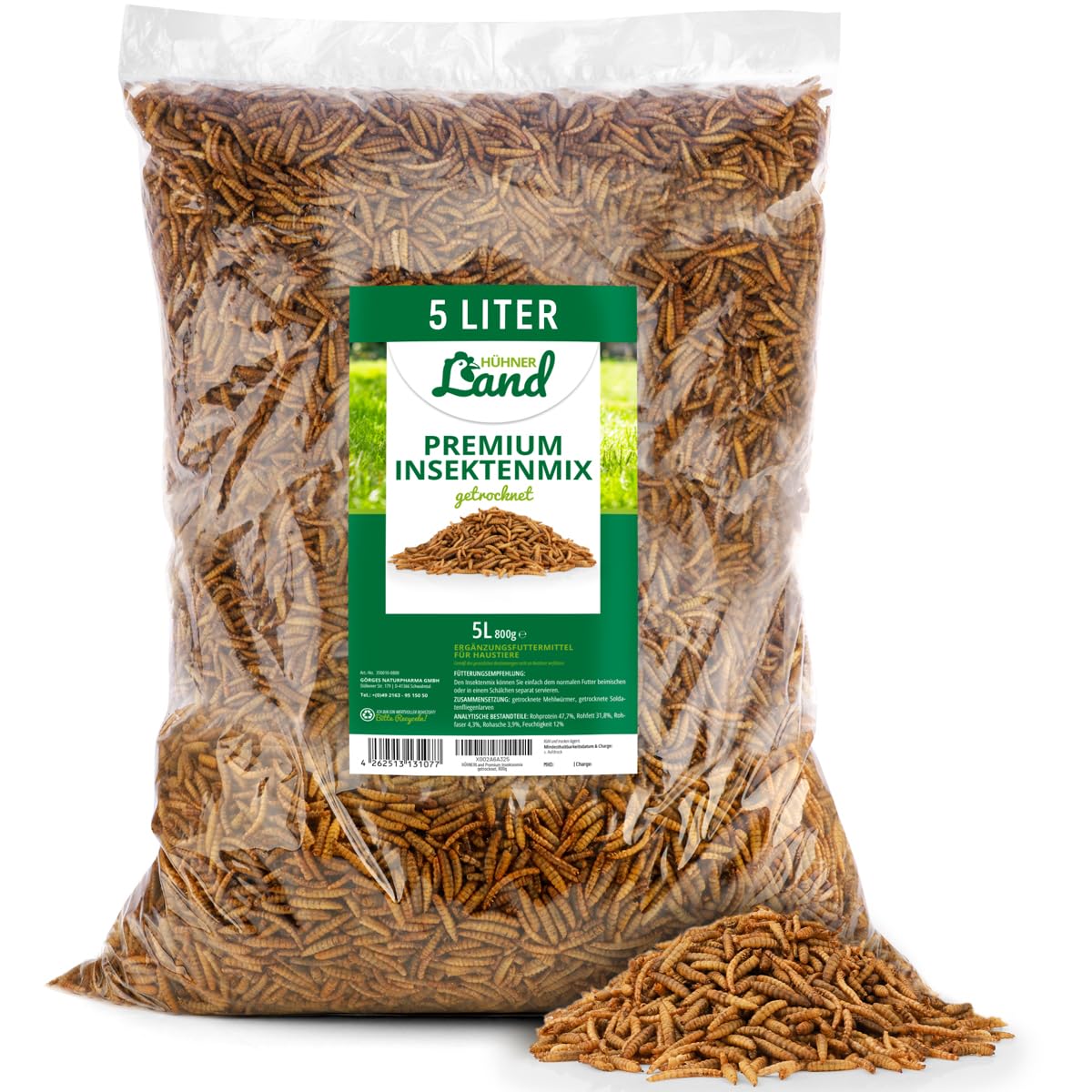 HÜHNER Land Feinkost Insektenmix 5 Liter I Mit Mehlwürmer & Soldatenfliegenlarven getrocknet I Ziergeflügelfutter ohne Zusätze I Für Ziergeflügel & Reptilien