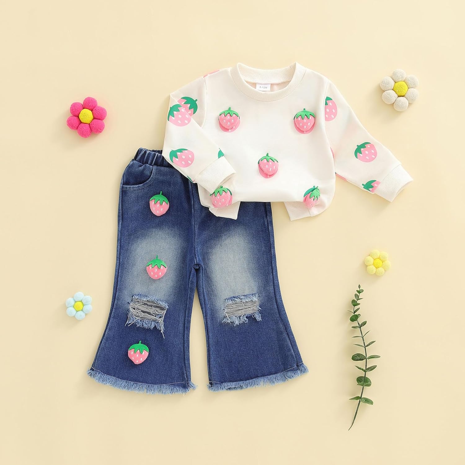 Userdefined Toddler Baby Girl Clothes Fall Long Sleeve Embroidered Sweatshirt Bell Bottom Jeans Pants Set Spring Outfit - Image 2
