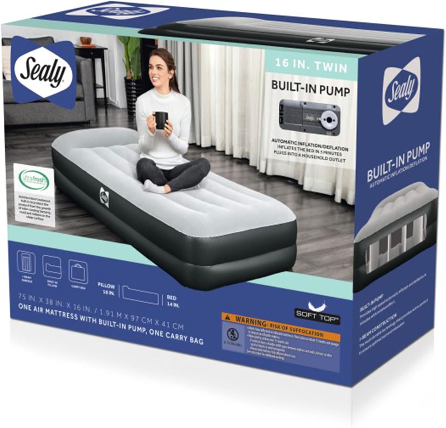 Sealy Tritech 16” Inflatable Air Mattress Bed with Built-in Pump, Storage Bag, and Repair Patch for Indoor and Outdoor Use, Twin