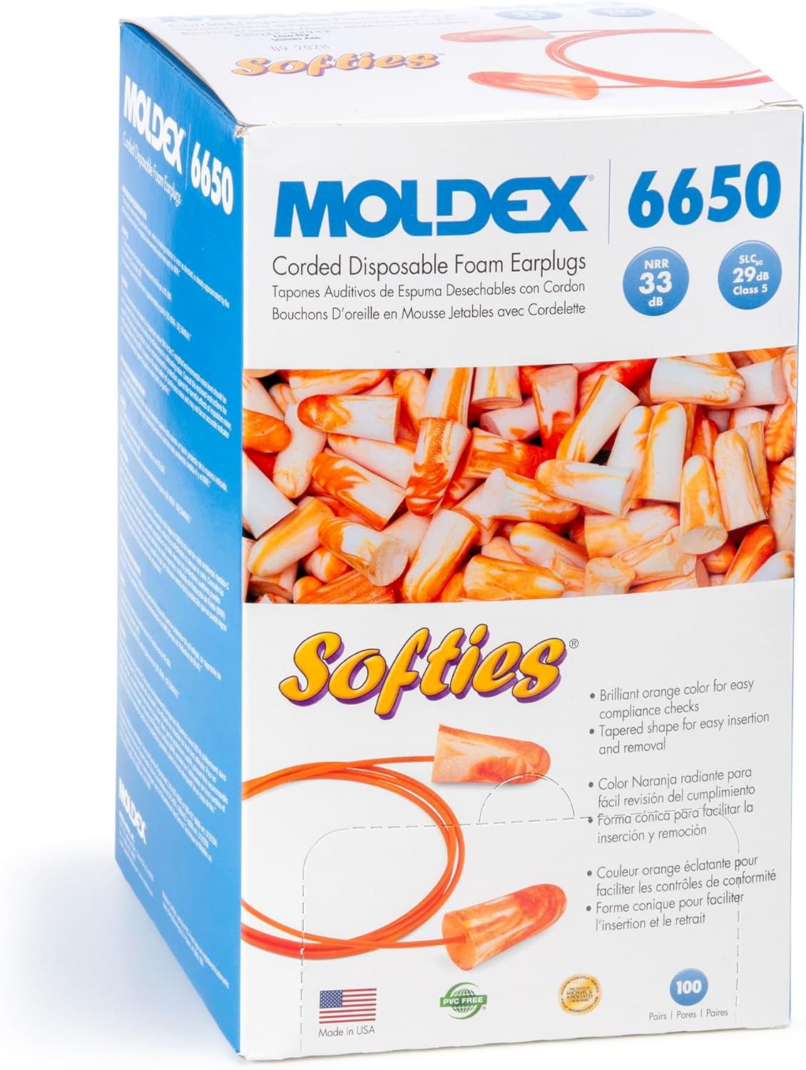 Moldex Softies® Corded Foam Earplugs – Comfortable Disposable Ear Plugs for Hearing Protection, NRR 33dB Noise Reduction, 100 Pairs Individually Wrapped, Bright Orange, 6650