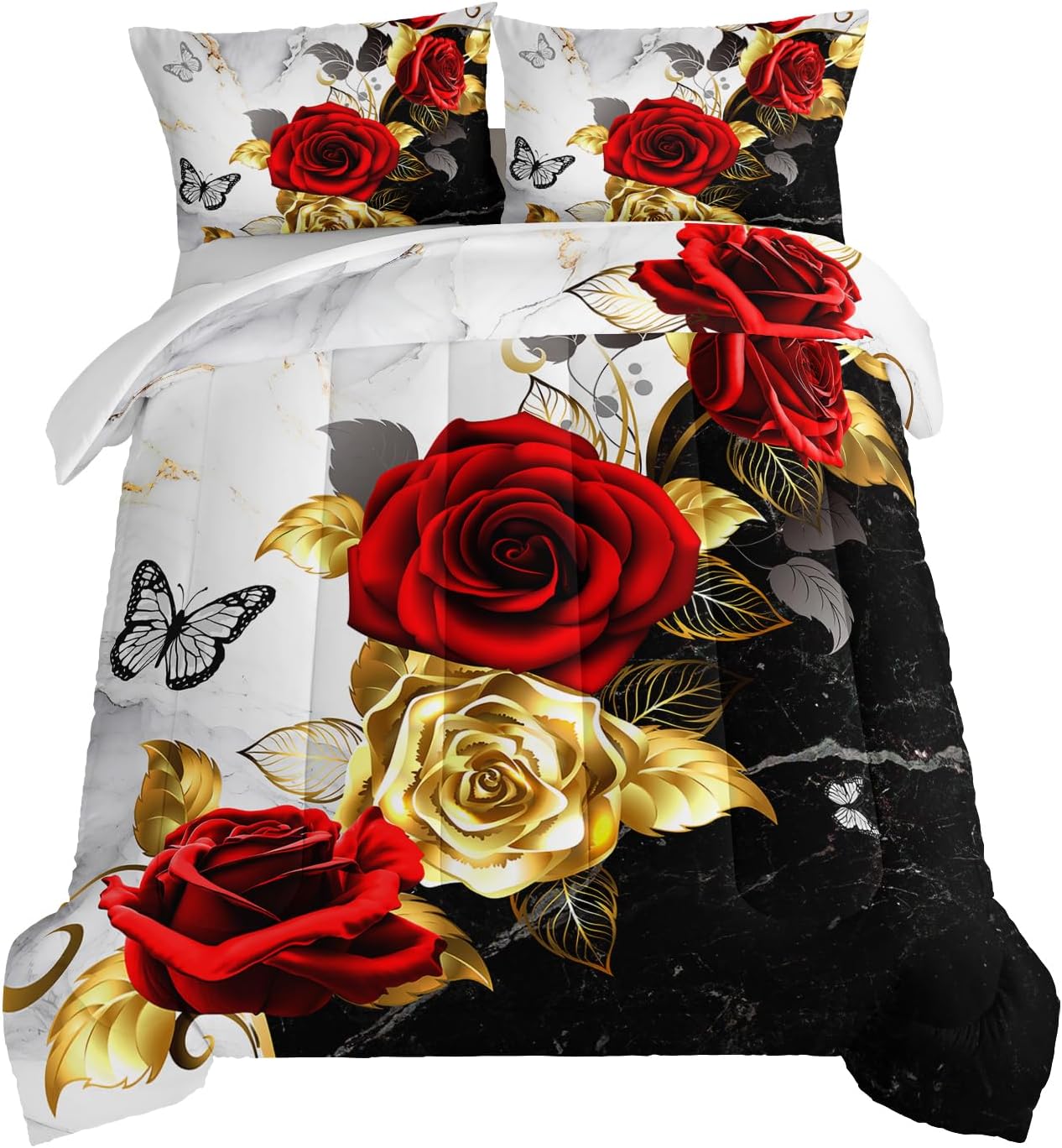 HOSIMA Floral Queen Bedding Sets,Butterfly Printed Golden Marble Grain Ink Fluid Art Comforter for Teenage Girl Room Decor,Fluffy Golden Red Flower Pattern Floral Bedding with 2 Pillowcases.