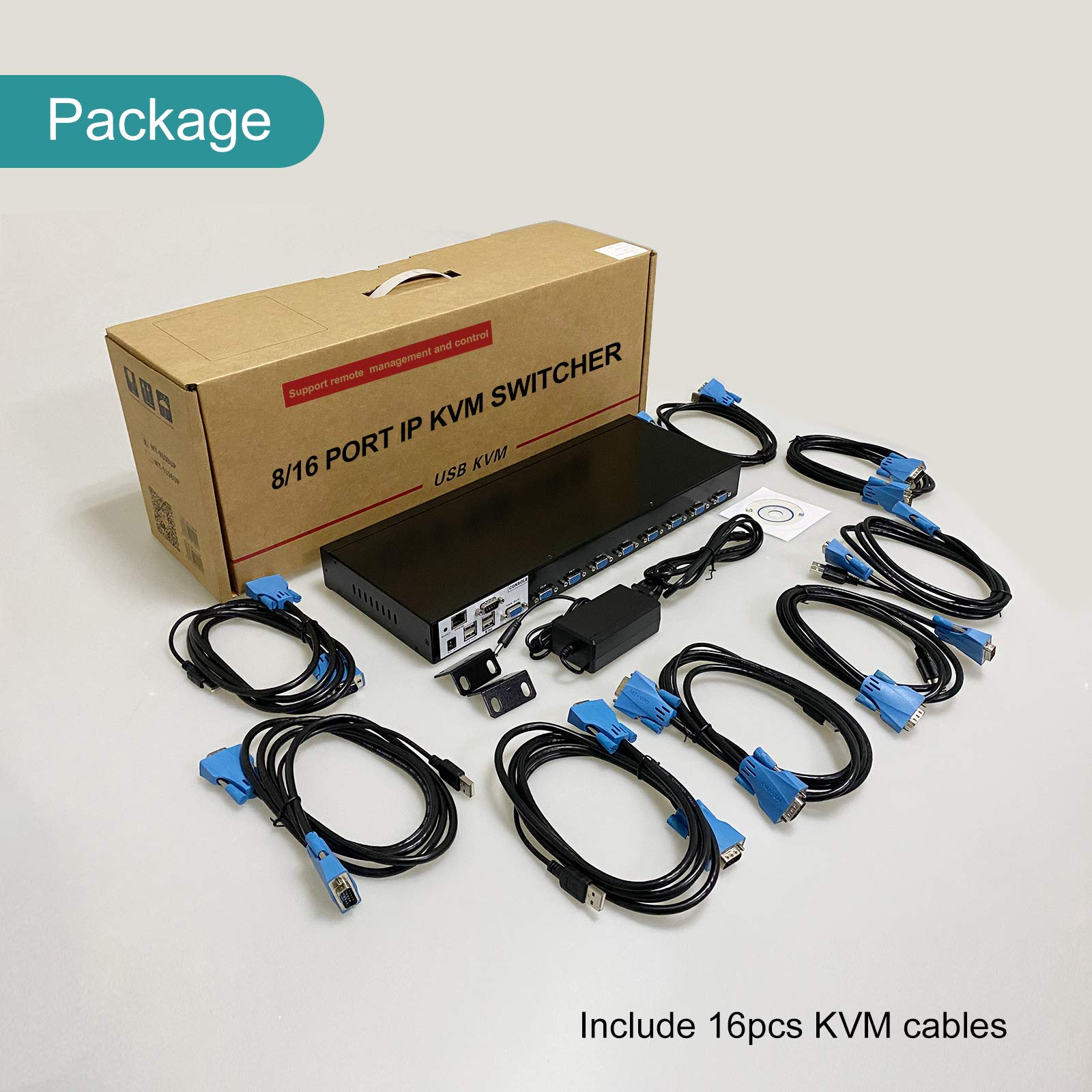 MT-VIKI 4K60HZ IP KVM Switch Remote 16 Port 1HE Rackmount KVM VGA Switch Over IP 16 Port Remote USB VGA KVM Umschalter IR-Fernbedienung Desktop Selektor mit 16er-Pack Kabeln OSD