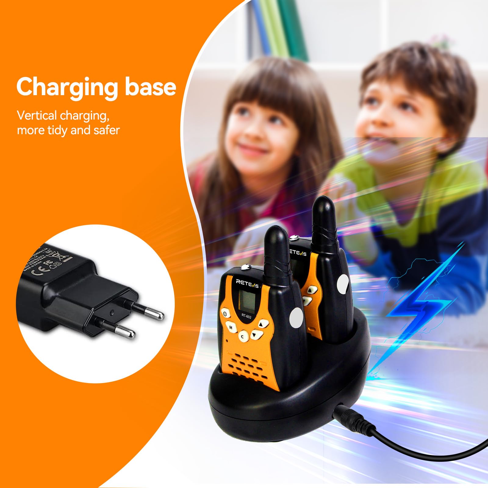 Retevis RT602 Walkie Talkie Ricaricabile Bambini, Batterie Li ion e Caricabatterie, Torcia a 8 Canali, Regali Natale Bambini a Lungo Raggio per Attività al Chiuso o all'Aperto (1 Paio, Arancione)