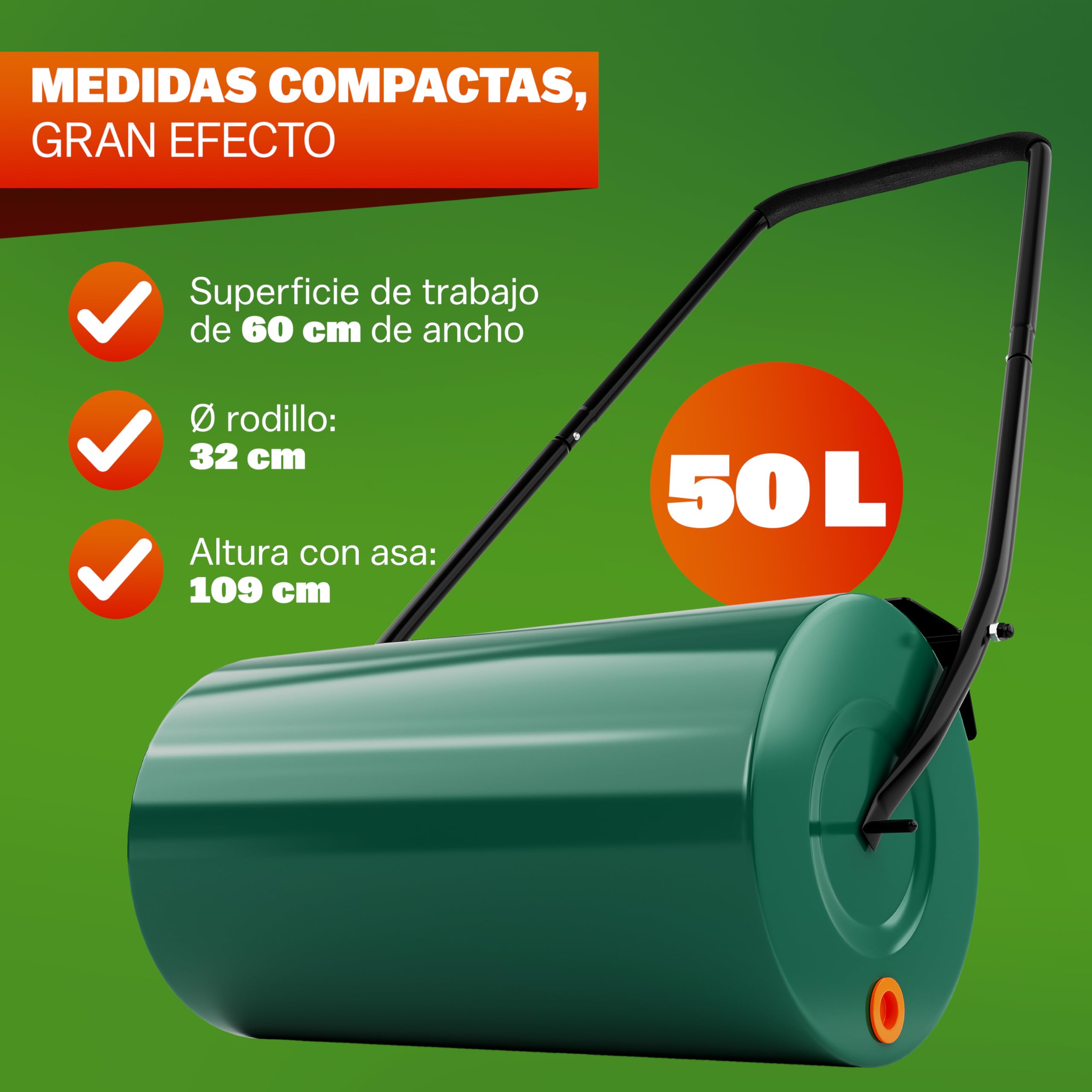 Gardebruk® Rodillo para Césped Grande 60cm, 50L, Aplanador de Tierra, Compactador Manual Huerto, Ergonómico, Alisar Prensar Terrenos, Apisonadora cesped Jardin