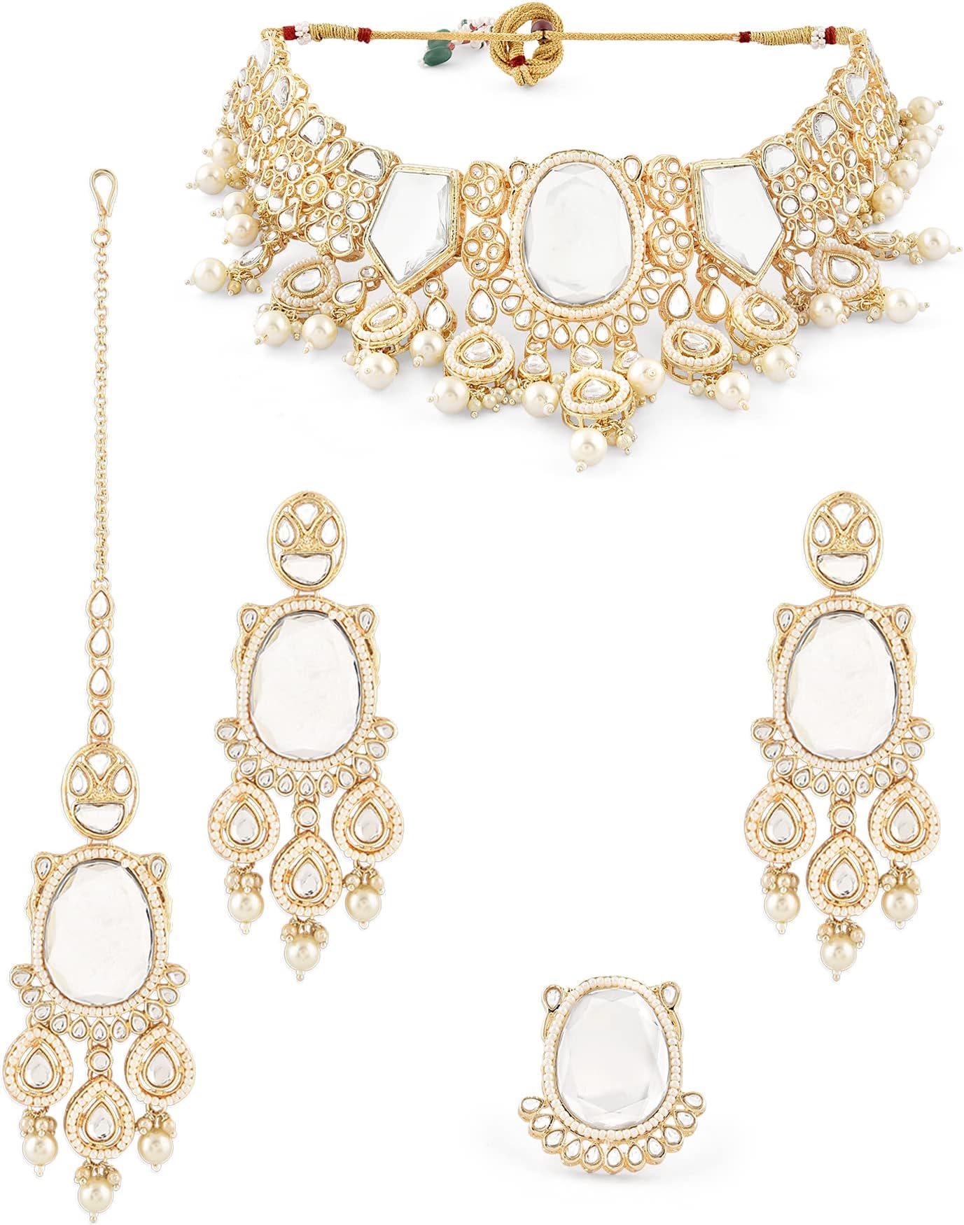 ZAVERI PEARLSGold Tone Dazzling Kundan Bridal Statement Necklace Earring Maangtikka Ring Set For Women-ZPFK15997