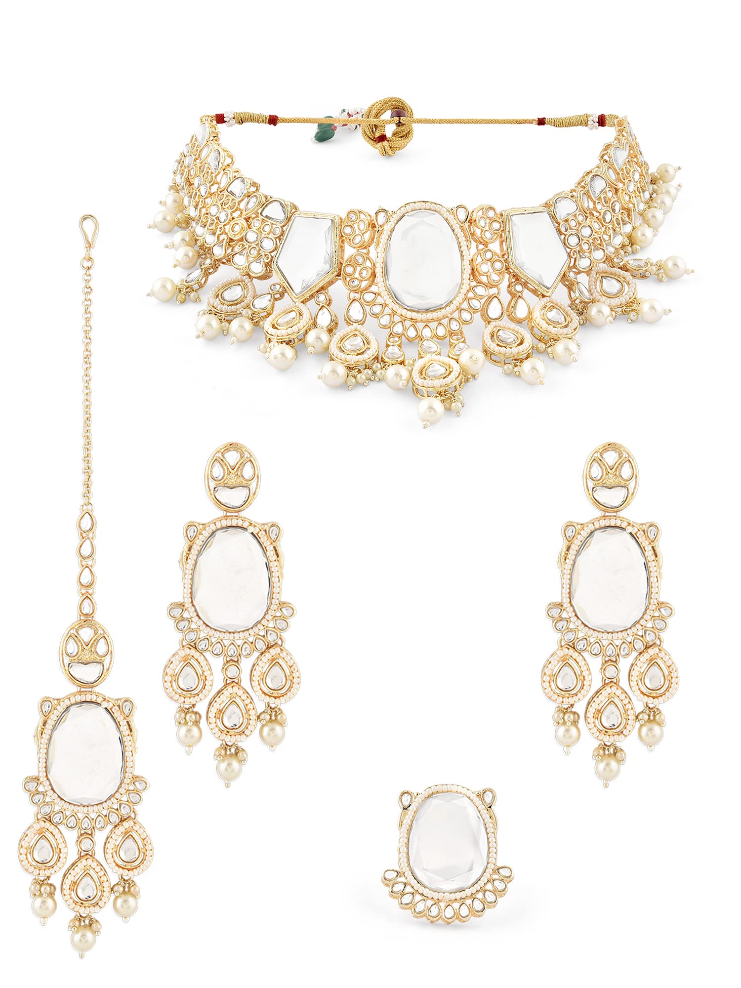ZAVERI PEARLSGold Tone Dazzling Kundan Bridal Statement Necklace Earring Maangtikka Ring Set For Women-ZPFK15997