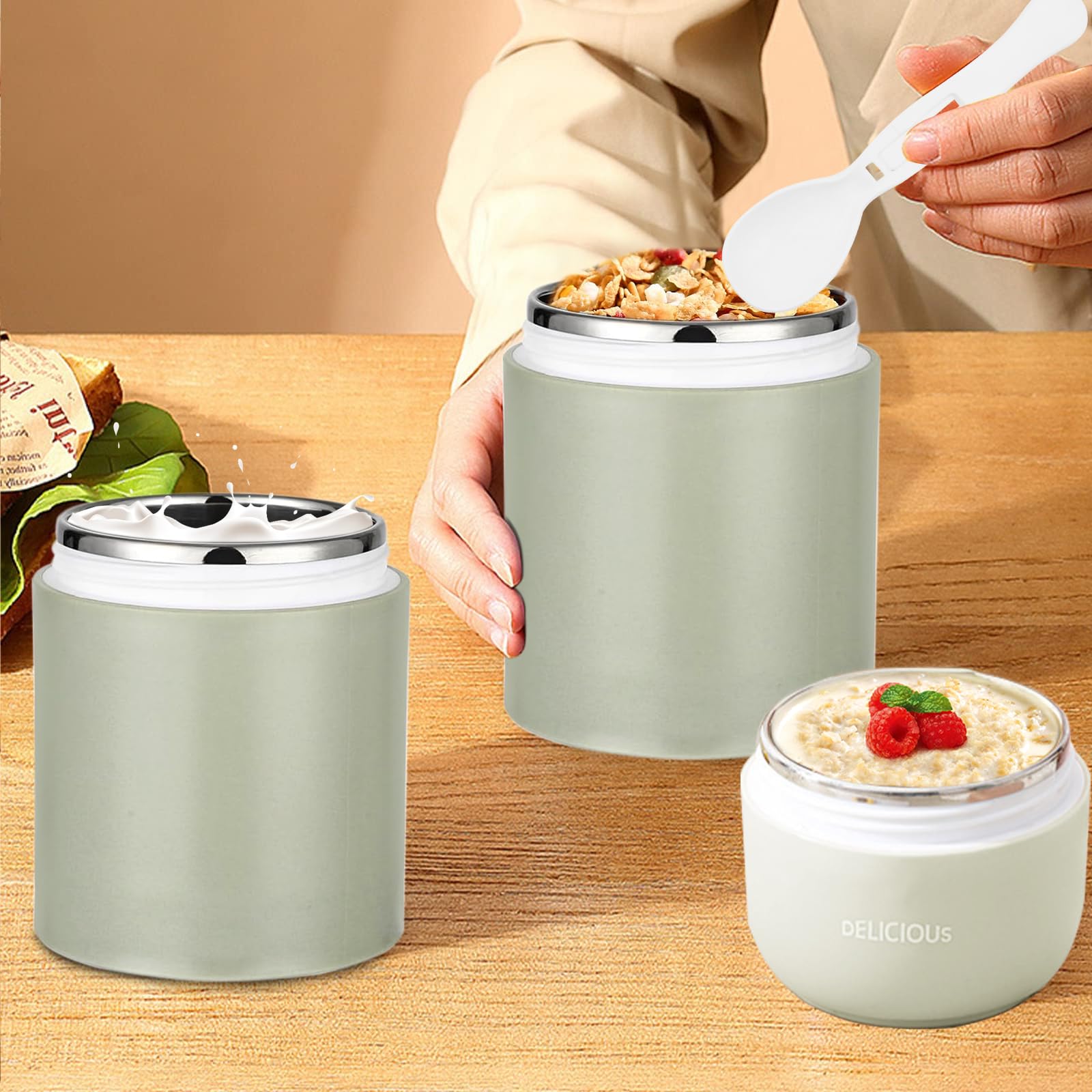Chedin Kubek na musli To Go z pokrywką, kubek ze stali nierdzewnej, 730 ml, szczelny, z łyżką i pokrywką, dwuwarstwowe, szczelne, idealne do pracy (różowy + zielony)