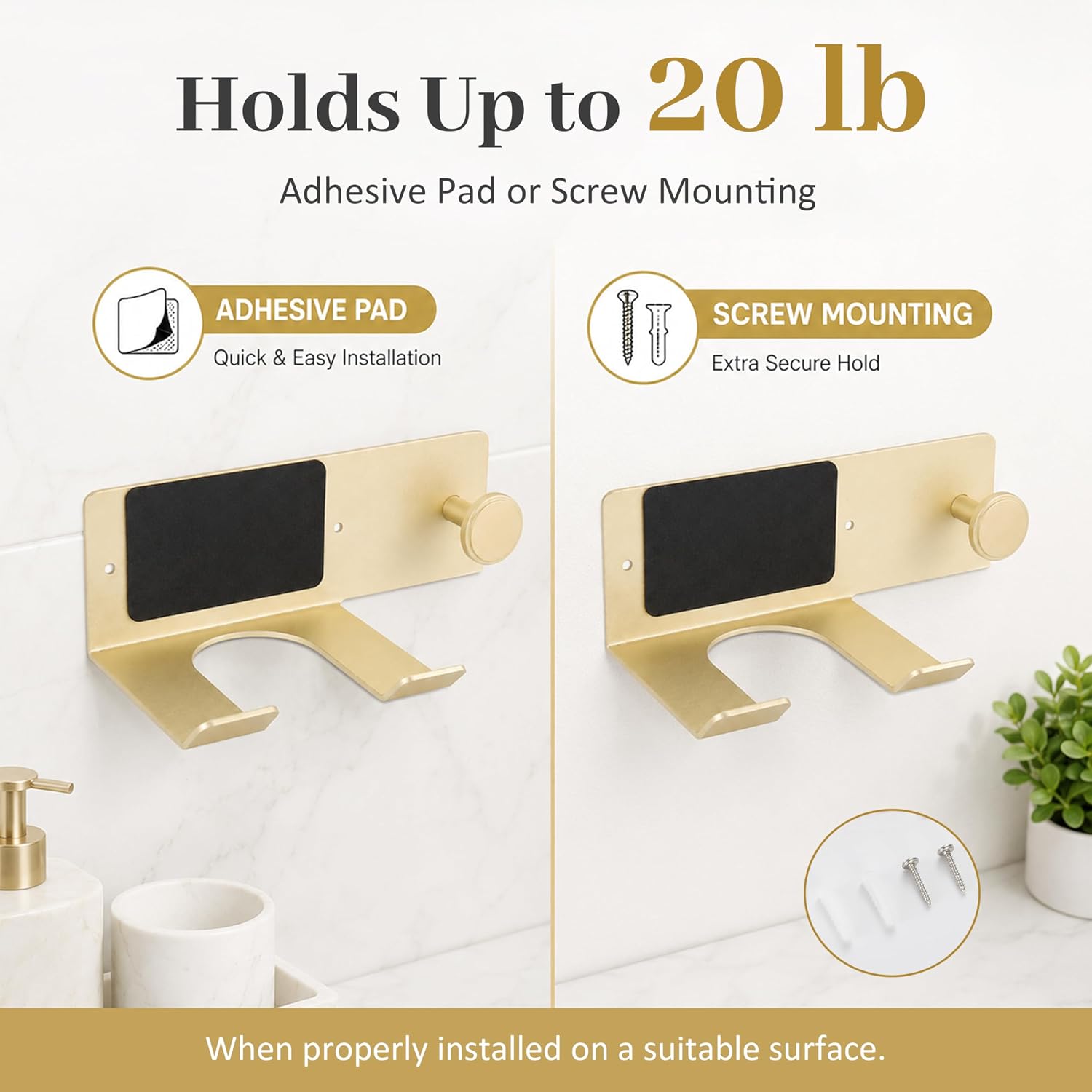 Brushed Gold Hair Dryer Holder Wall Mount, Aluminum Blow Dryer Rack with Anti-Scratch Pad, Adhesive Pad & Screws Included, Renter Friendly Bathroom Organizer