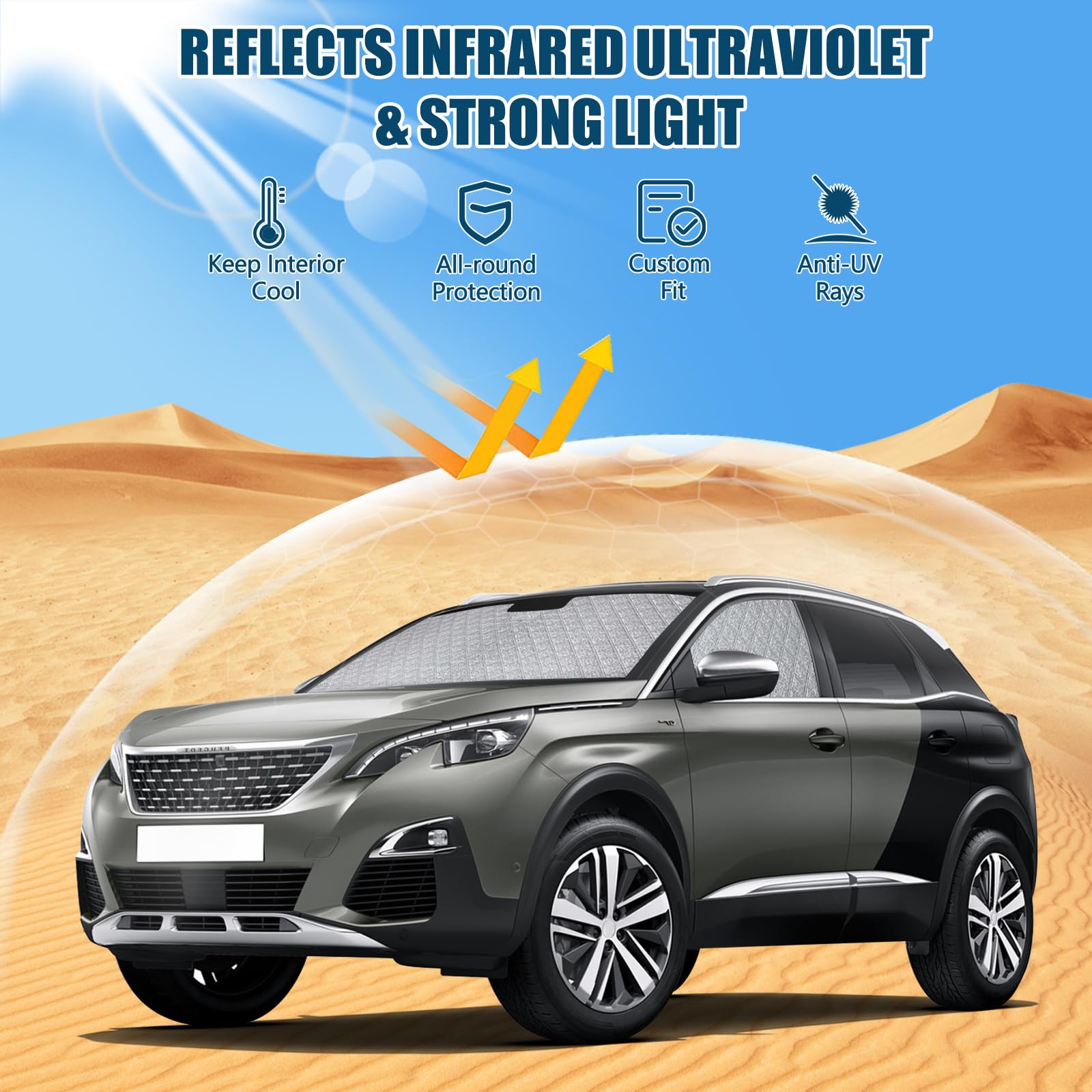 Osłona przeciwsłoneczna kompatybilna z Peugeot 5008 P87 2017-2024, 3 szt. zestaw ochronny na przednią szybę samochodu, wewnętrzna mata termiczna, składana osłona przeciwsłoneczna z torbą do
