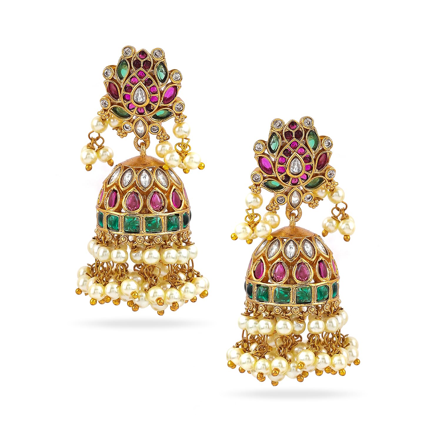 rubans 22K Gold-Plated Kundan, Ruby Red & Emerald Green Stone Studded Jhumka Earrings with Pearl Beads-picture-24