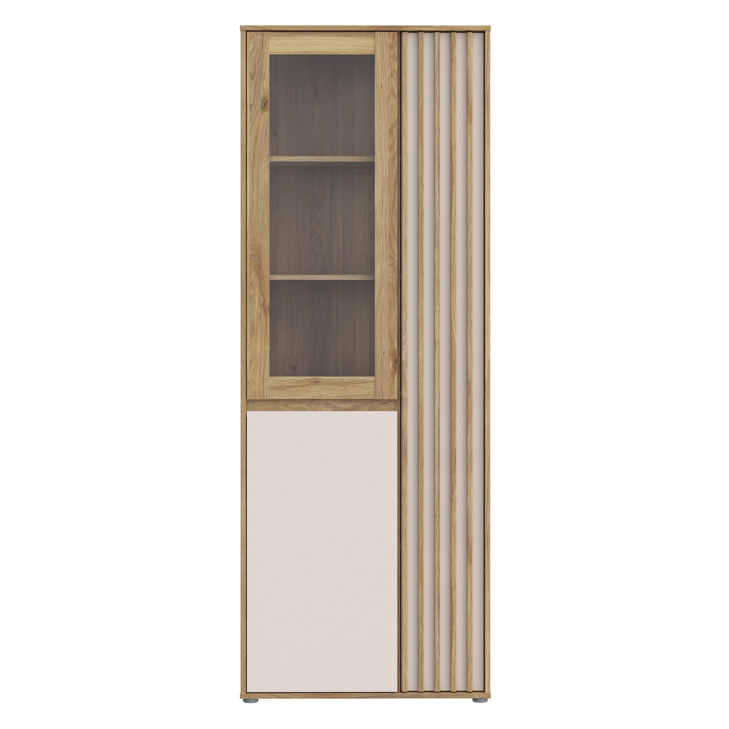 Forte ELISTON Vitrine 70 80, moderner Schrank mit Lamellendesign, 3-türig, Wohn-/Schlafzimmer, Mauvella Eiche Holzdekor|Kashmir Beige, 74 cm breit x 200,1 cm hoch x 41,5 cm tief