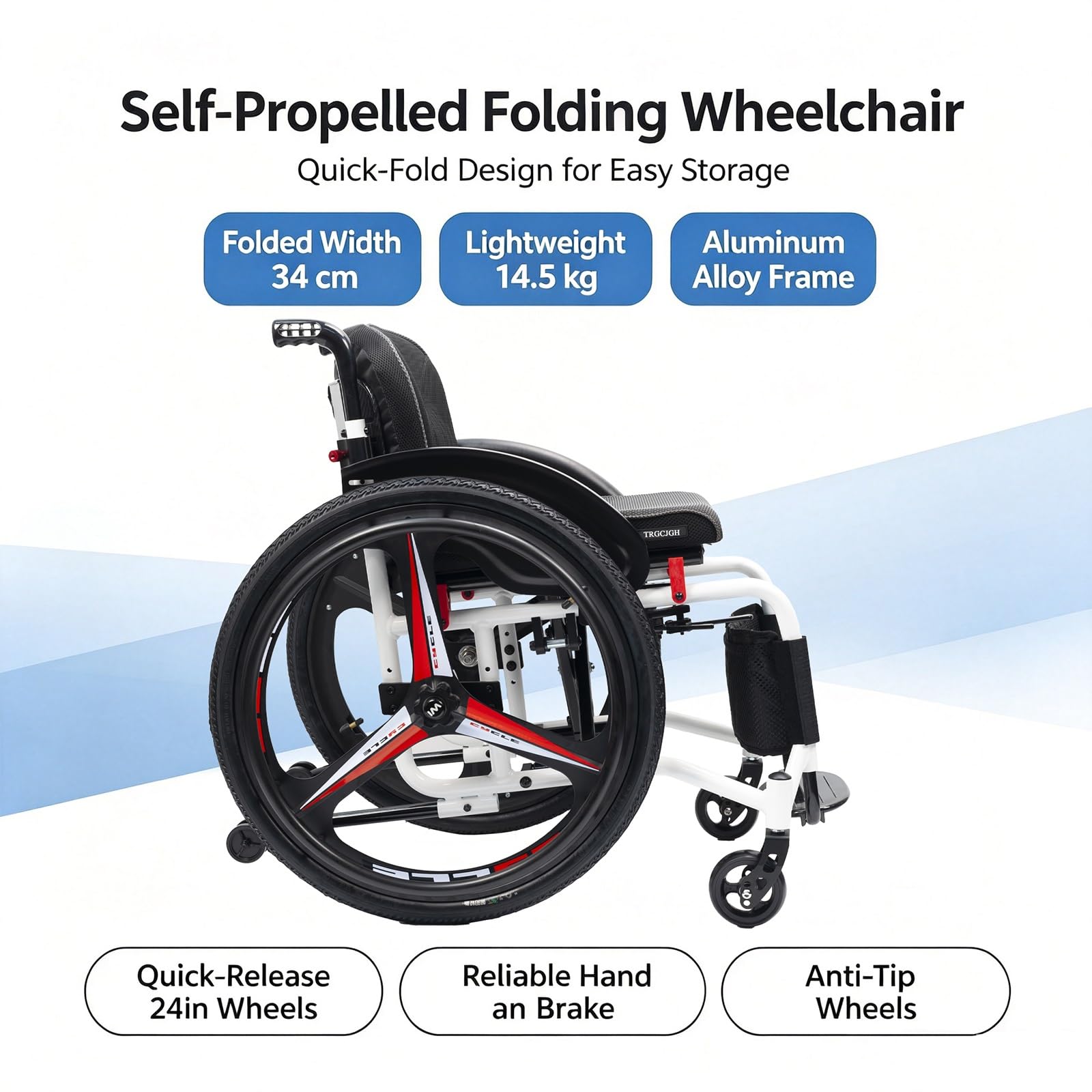 Sedia a Rotelle Pieghevole Leggera (Sedia Stretta), Carrozzina | Autospinta, Freno manuale, Poggiapiedi pieghevoli, da Transito，Alluminio, 14.5kg(Black,17.3in Seat Width)