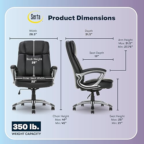 Miniatura 3 de Serta Fairbanks - Silla de oficina ejecutiva grande y alta, ergonómica, cómoda, con respaldo alto, sillas de computadora con soporte lumbar, cojín