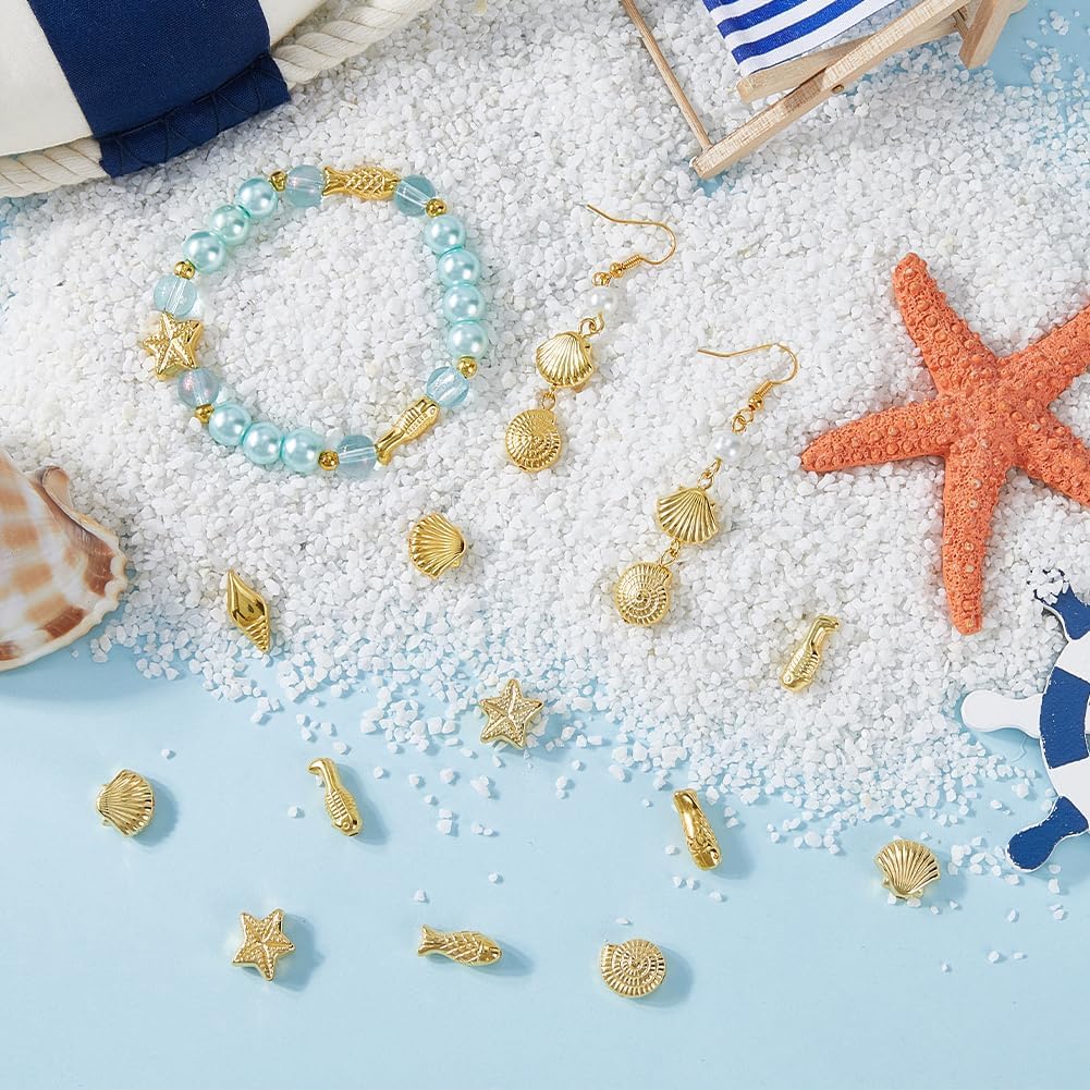 SUNNYCLUE 1 Box 100G Ocean Animal Beads Gold Sea Shell Beads Plastic Shiny Marine Fish Conch Starfish Small Summer Beach Life Loose Spacers for Jewelry Making Crafting DIY Necklace Earring Women - Image 3