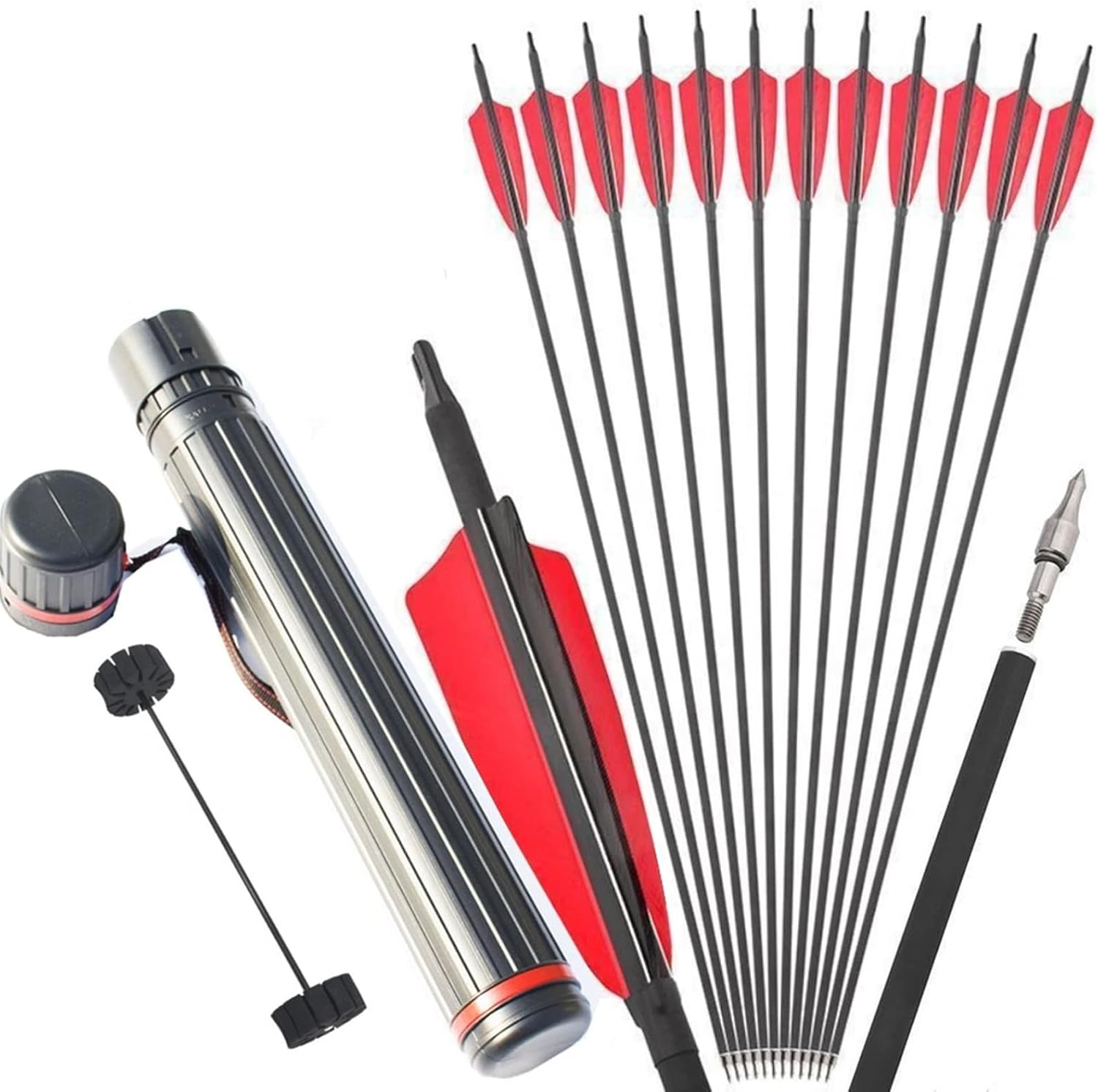 30" Carbon Archery Arrows (12pcs + Arrow Quiver) - 4" Turkey Feather, Screw-On Tips for Practice/Hunting - Fits Recurve & Long Bows