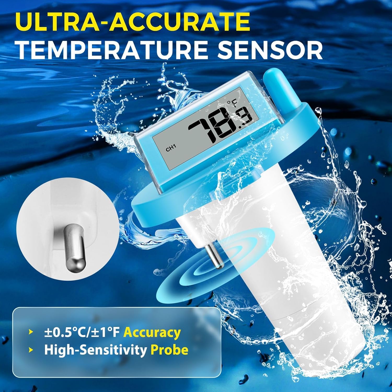 Solar Wireless Floating Pool Thermometer - Upgraded IPX8 Waterproof Easy Read Digital Thermometer with Time, Indoor Temperature & Humidity Monitor for Swimming Pools, Spas, Hot Tubs