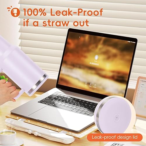 Vista 25 de VUSIGN Vaso de 40 onzas con asa y tapa con pajilla, vaso de acero inoxidable aislado al vacío, taza de viaje para agua, té helado, café, batido