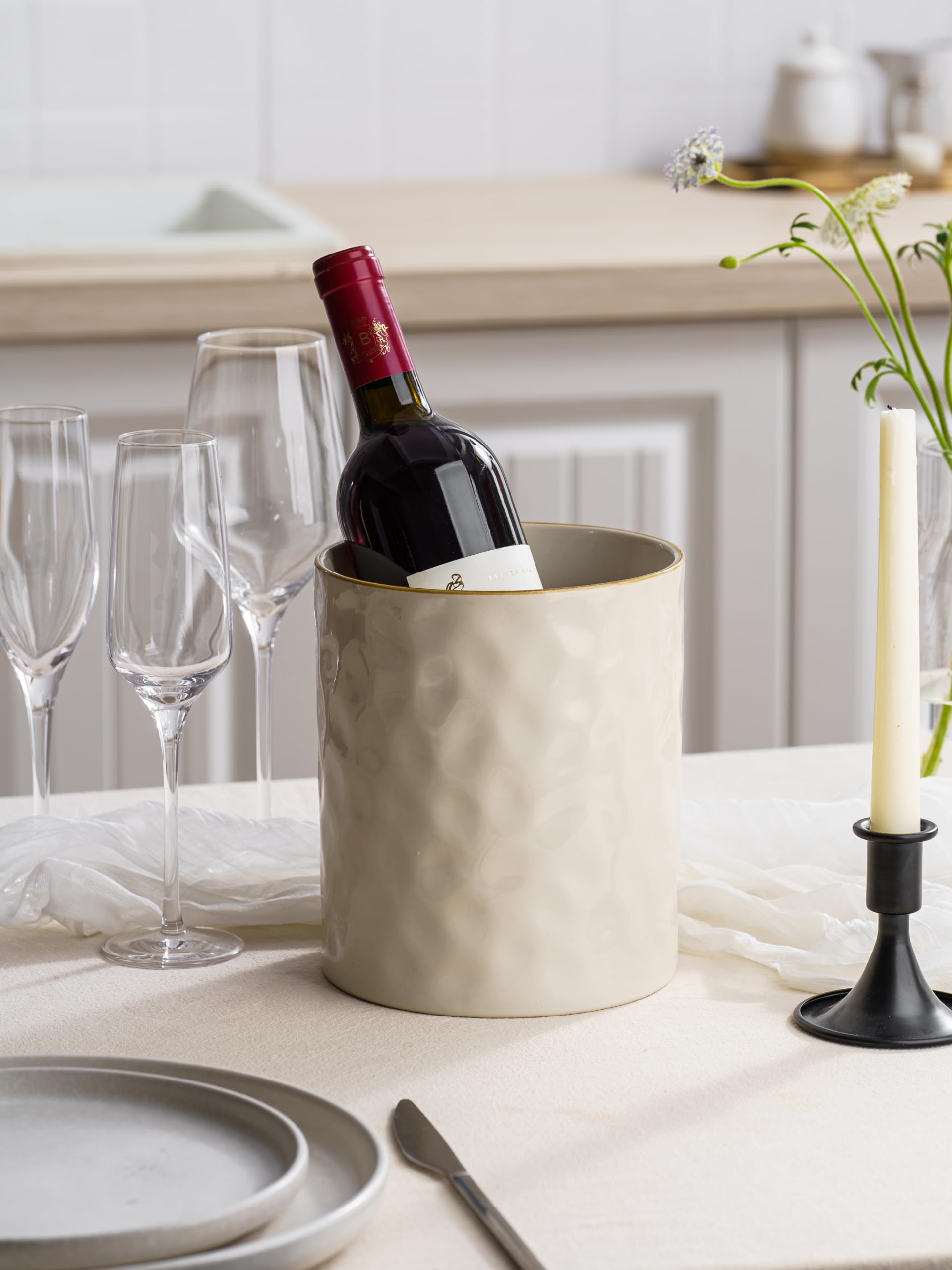 famiware Ocean Lot de 2 porte-ustensiles de cuisine en céramique pour comptoir, pots à ustensiles de cuisine, organisateur d'ustensiles pour spatule et cuillère, décoration de cuisine, blanc vanille