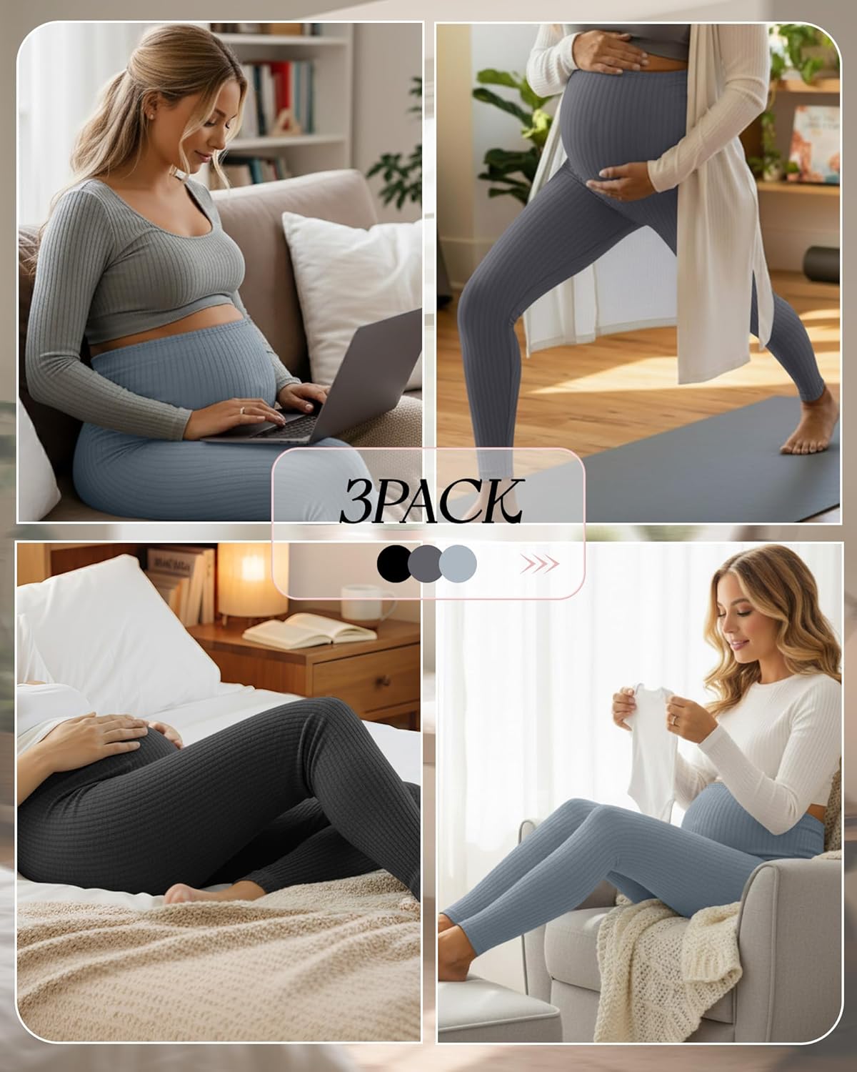 3 Pack Women's Maternity Pants Ribbed Cotton Over The Belly Tight Lounge Pregnant Pants for Casual Pajama Home - Image 2