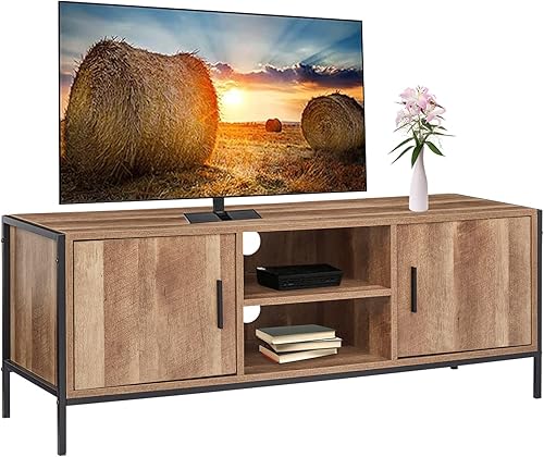 Kinfant Soporte de mesa para TV de granja, gabinete de TV de 55 pulgadas con almacenamiento, consola multimedia, gabinete central de entretenimiento