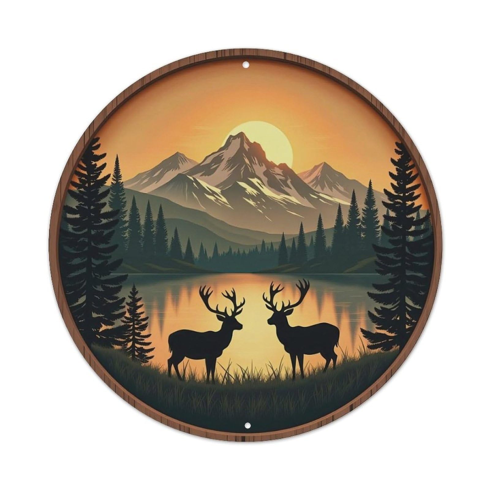 Mountain Lake Deer Sunset Forest Metal Tin Sign