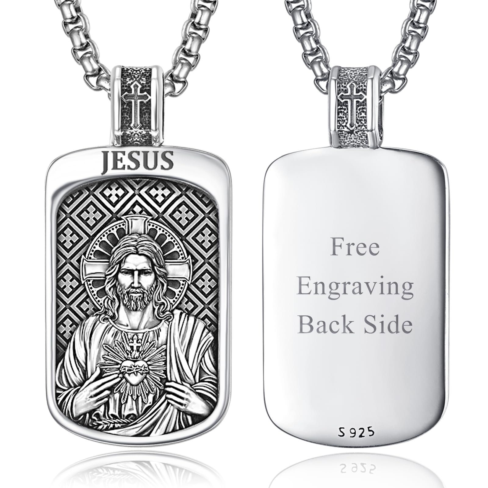 KINGWHYTE St Michael/St Christopher Halskette S925 Sterling Silber Saint Kette Schützen Anhänger Schmuck Graduierung Geschenke für Frauen Männer, Rechteck