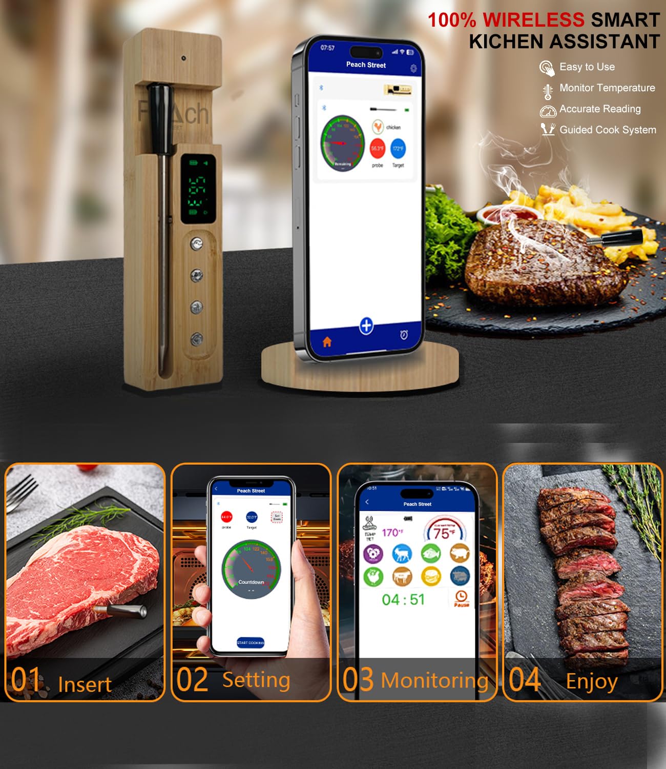 PeachStreet Thermomètre à Viande Intelligent Sans Fil, étanche Ip68,Sonde Ultra-Mince pour Surveiller à Distance Le barbecue,La Cuisson Précise Et Le Barbecue Via Bluetooth et Connexion Numérique WiFi