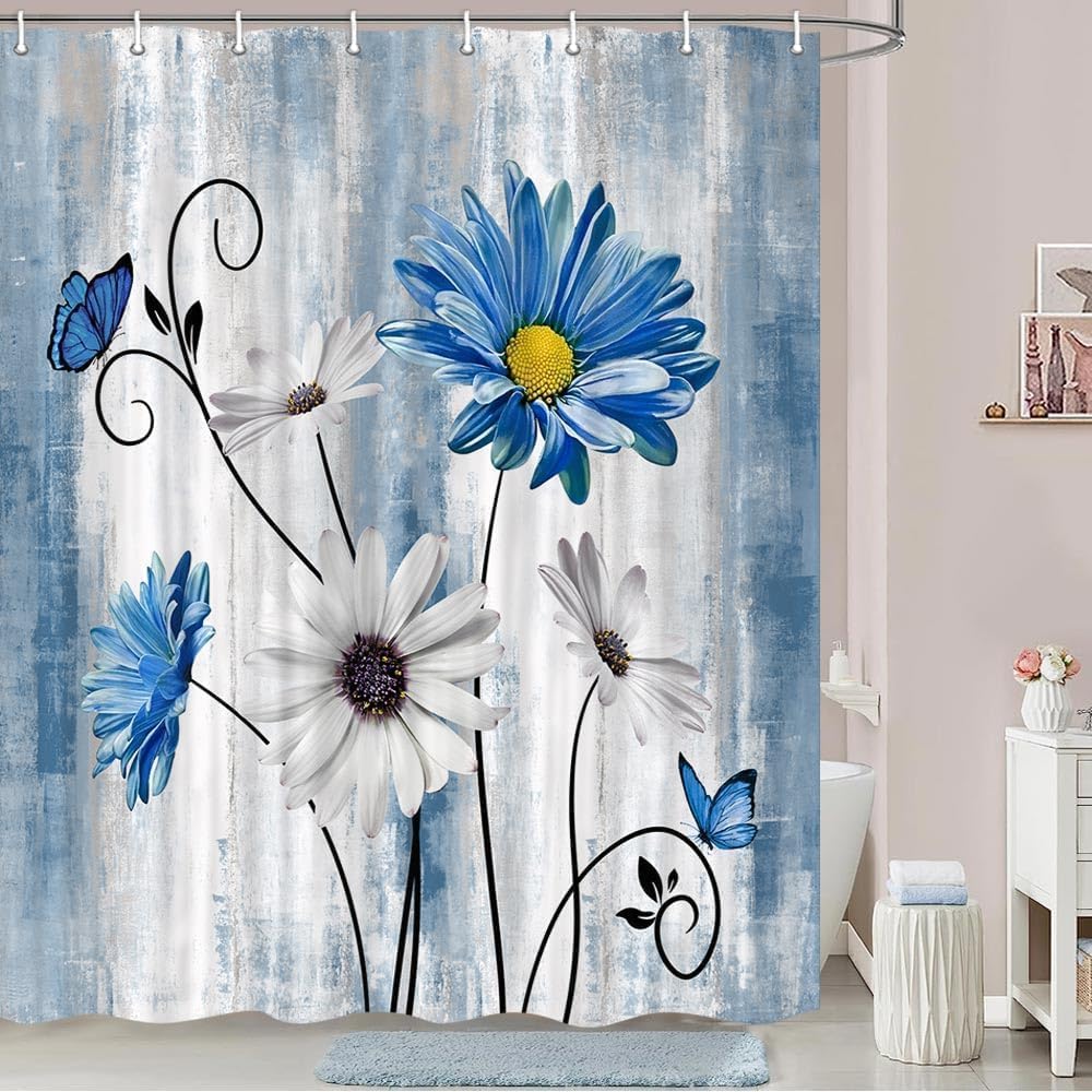 Rustic Farmhouse Daisy Shower Curtain, Farm White Blue Daisy Floral Flowers and Butterfly on Country Wooden Shower Curtain for Bathroom, White Blue Shower Curtains with 12Hooks