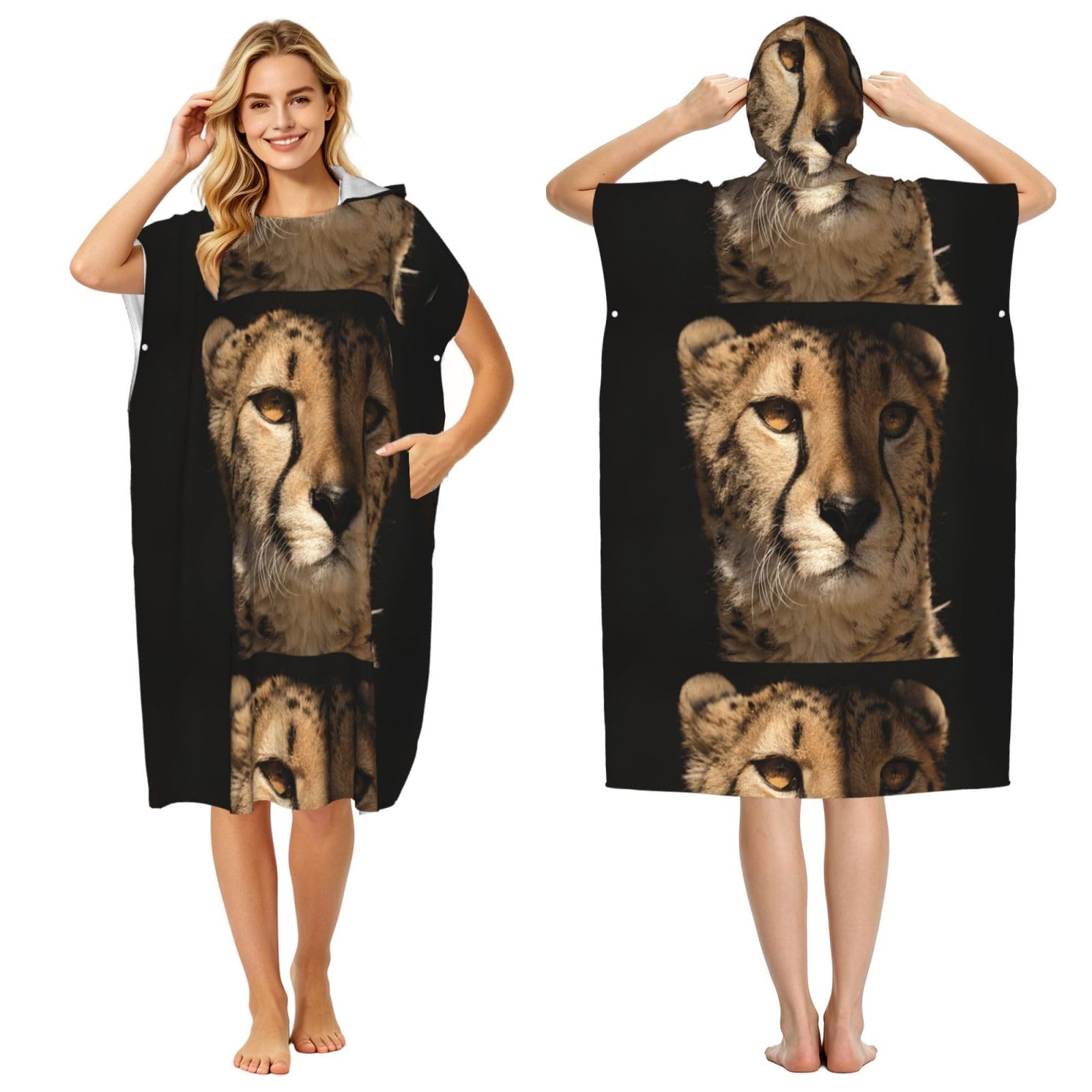 Poadnly White Cheetah Printed, Adult Hooded Beach Towel 90 x 110 cm,Changing Bath Robe, Surf Poncho Towel For Women Men