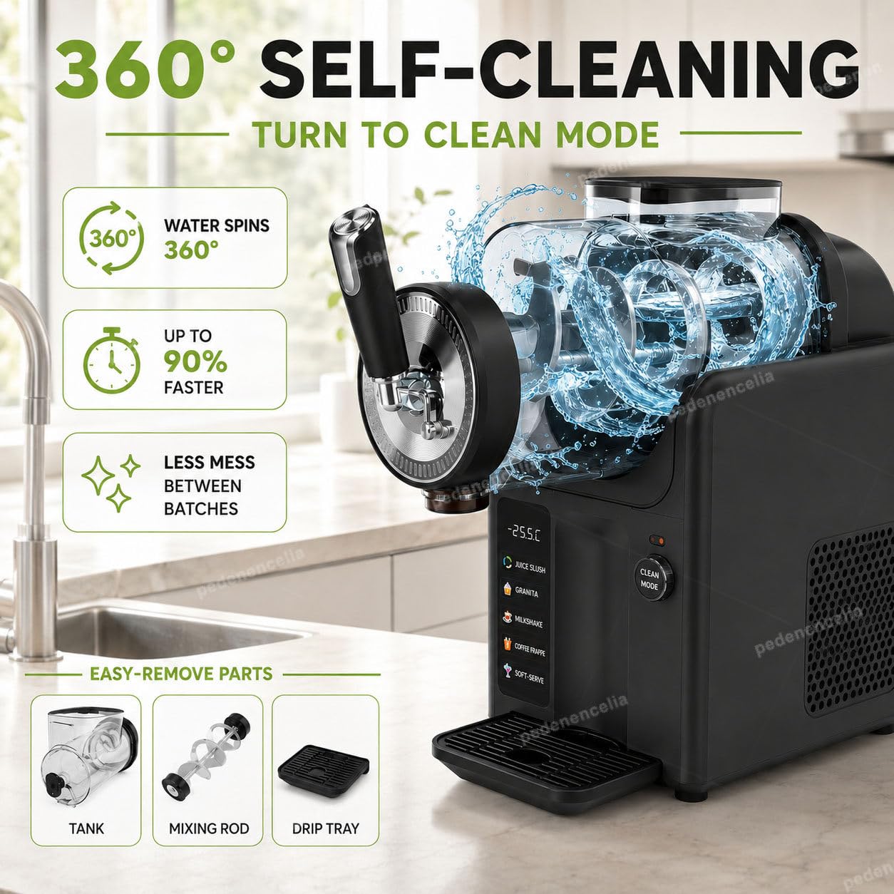 Macchina per Granite, Senza Bisogno di Ghiaccio, Produttore Professionale 5-in-1 di Slushy con Compressore 185W, capacità 2L, Autopulizia, Consistenza Regolabile Black