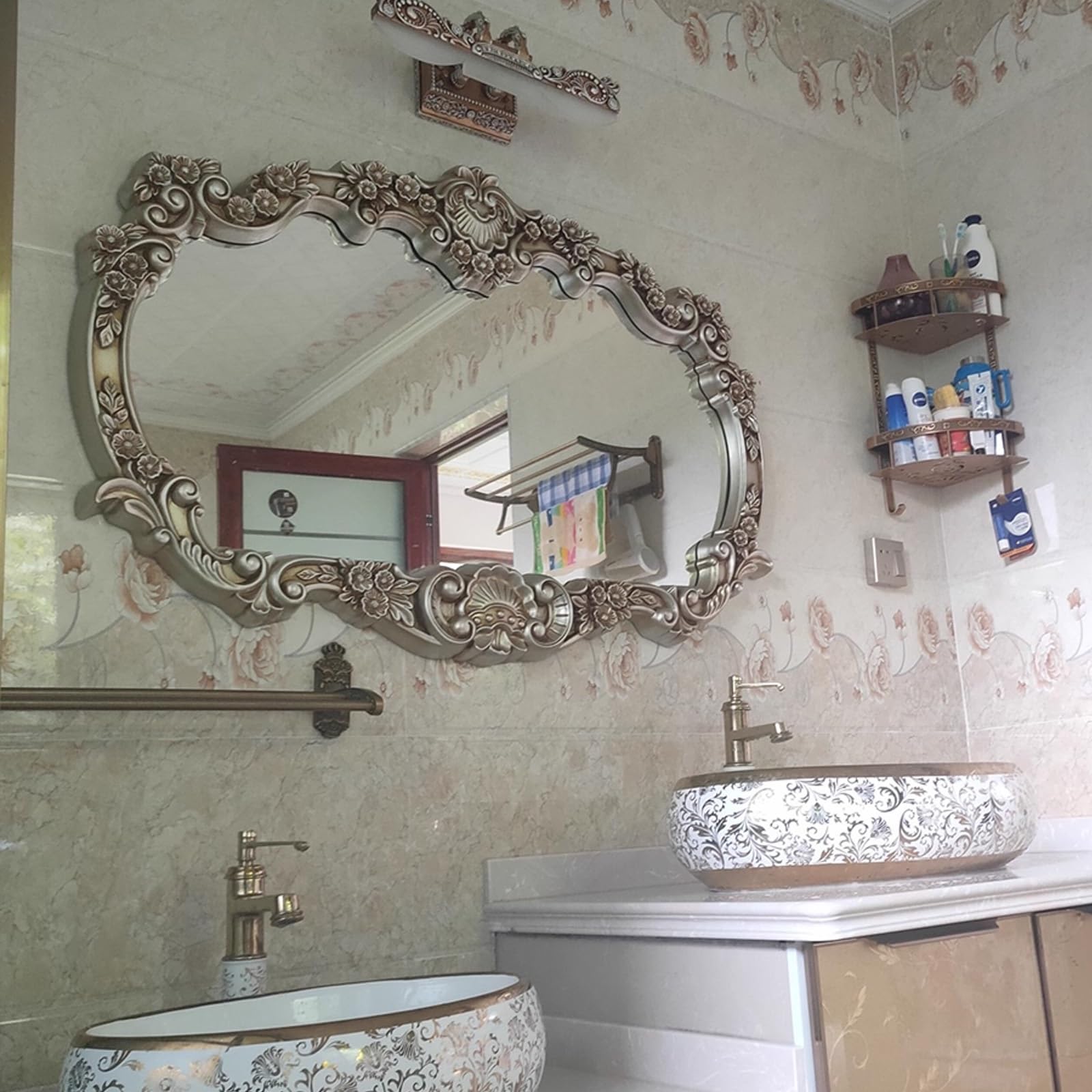 Extra Großer Dekorativer Barockspiegel Mit Rahmen, Spiegel Bad 115x78cm 147x95cm Rechteckiger Badezimmer-Wandspiegel, Horizontal Hängender Vintage-Spiegel Badezimmer，Gold, Silber(Gold)