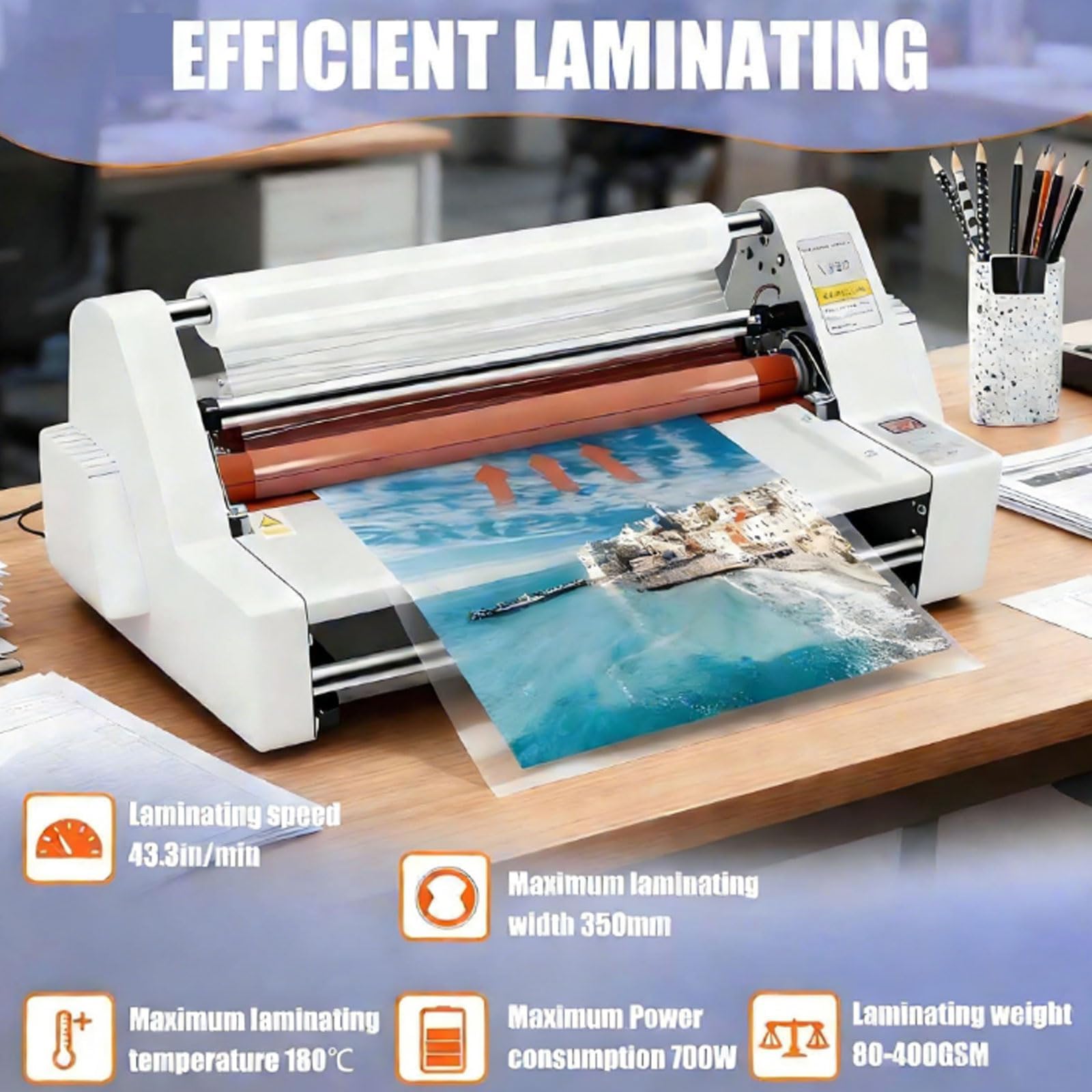 Laminatrice termica commerciale da 350 mm con rotolo di pellicola laminante, macchina plastificatrice a rulli caldi e freddi con temperatura regolabile 0-180 ℃, per ufficio scuola