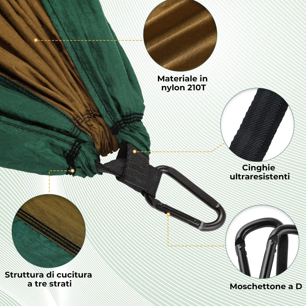 Amaca ultraleggera da viaggio per esterni con corde di sospensione e moschettoni in acciaio, capacità carico 300 kg per campeggio giardino