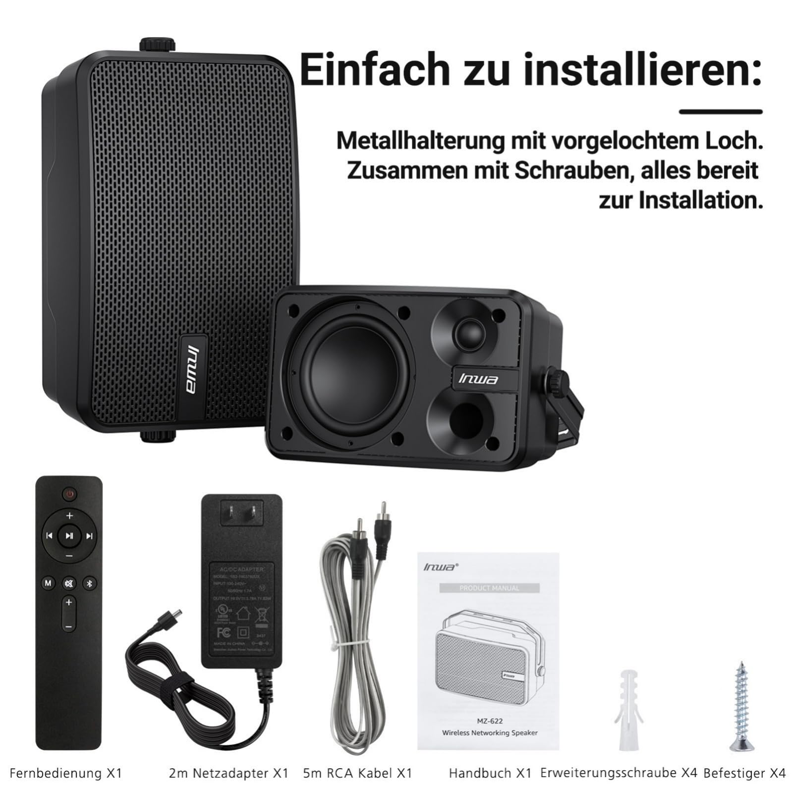 Inwa Outdoor Bluetooth 400W Lautsprecher, Aktiv/Passive Wandhalterung Lautsprecher, IPX5, Drahtlose, Stereo, Aux, für Innen, Überdachten Außen(Paar, MZ622, RMS 40W)