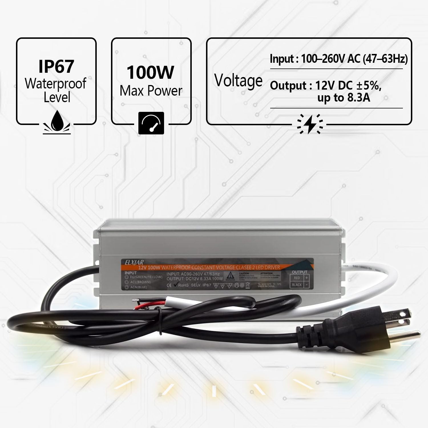 (2-Pack) 100W 12V LED Power Supply Waterproof IP67 Transformer AC 100-260V to DC 12V Driver with 3-Prong Plug for Outdoor LED Strip Light