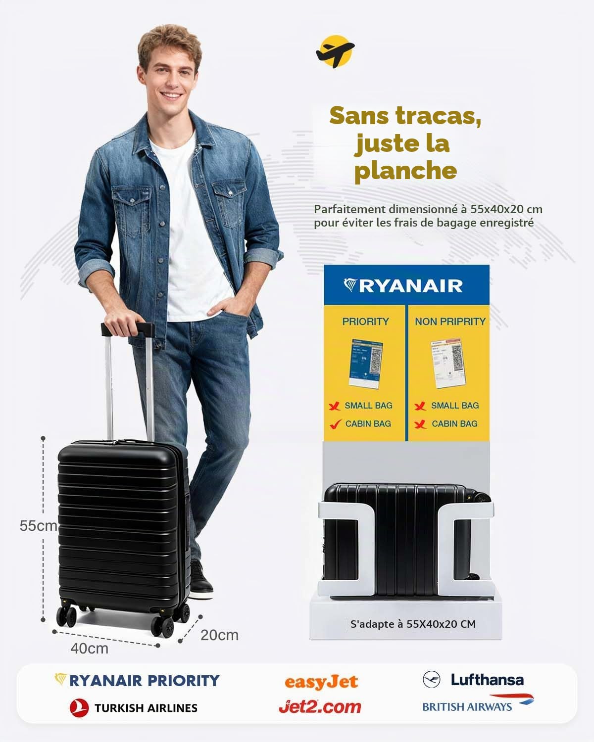 Lekesky Valise Cabine 55x40x20 cm, 40 L, Ryanair Priority, 4 Roues