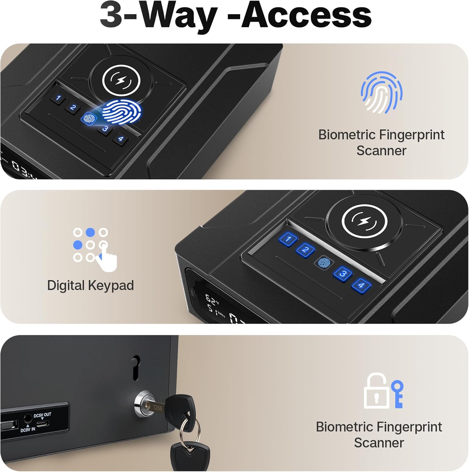 Biometric Smart Safe, 3 Quick Access Smart Safe with Alarm Clock, Heavy Duty Anti-Theft Money Box for Home Security，Bedside Drawer Safe for Table,Closet