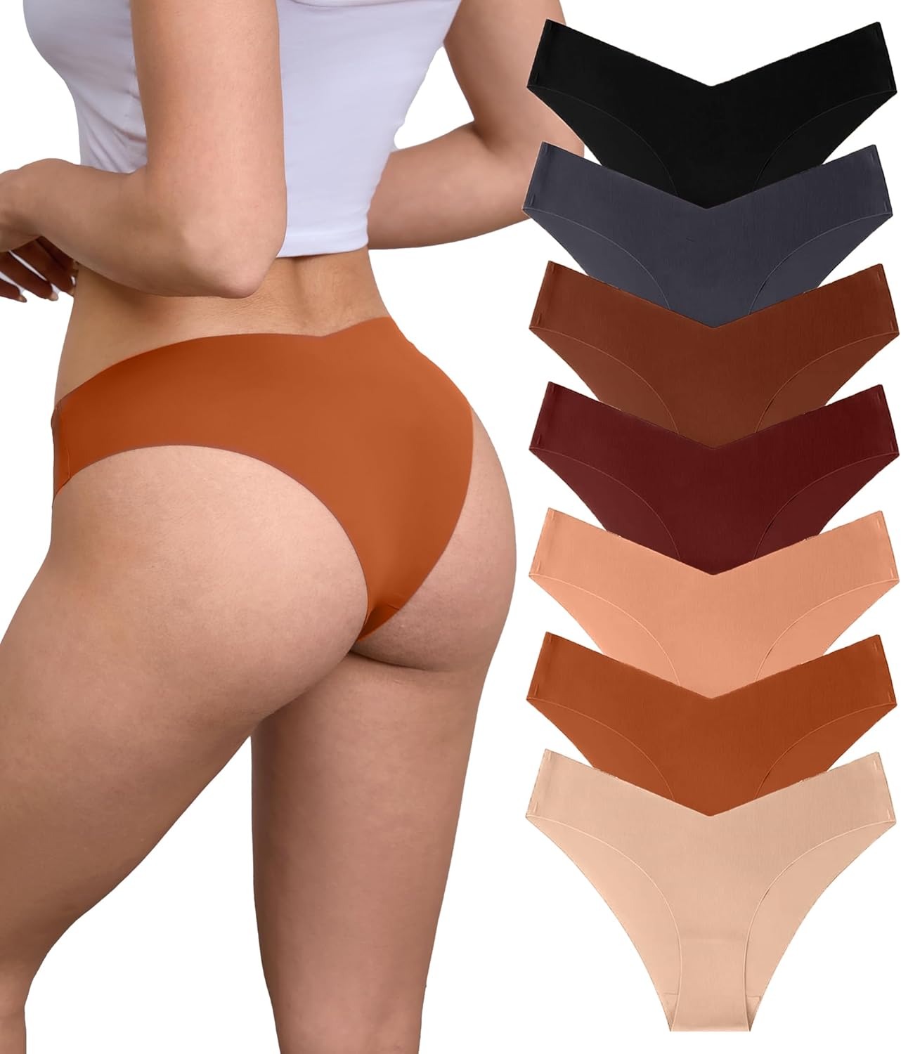 Women Seamless Underwear Stretch Invisible - No Show Panties Soft Bikini Breathable Cheeky Hipster V Cut 7 Pack (7P1,L)